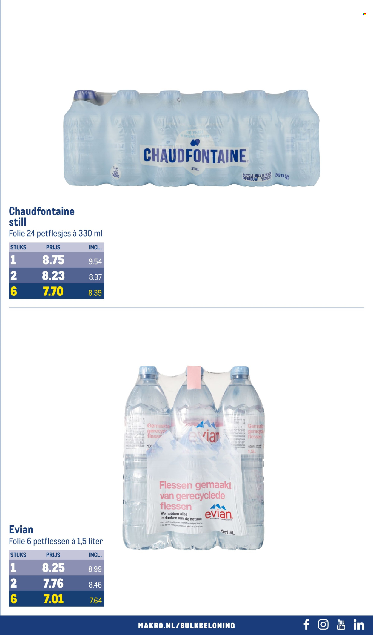 Makro-aanbieding - 14-2-2024 - 27-2-2024 -  producten in de aanbieding - chaudfontaine, mineraalwater, Evian, fles. Pagina 47.