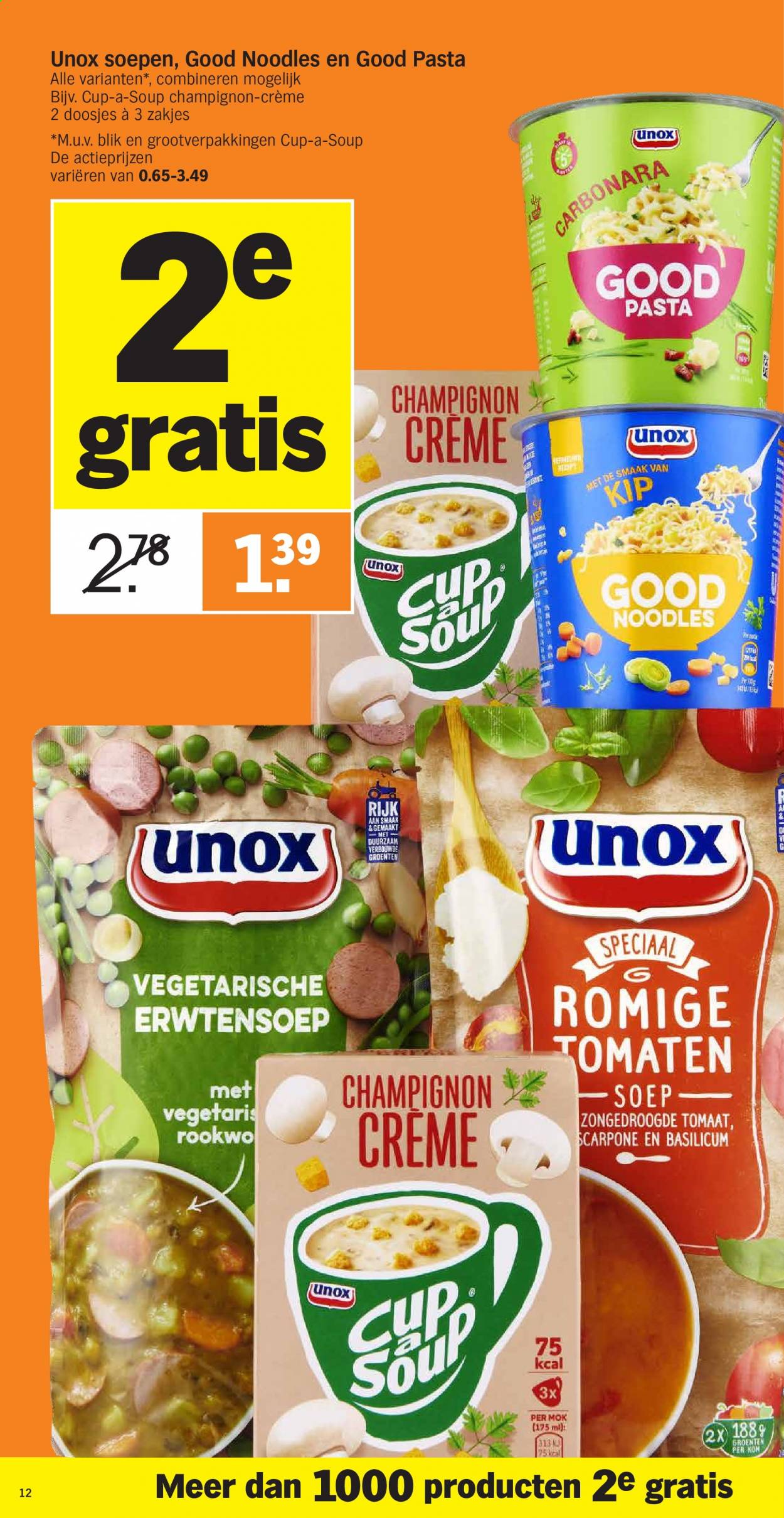 thumbnail - Albert Heijn-aanbieding - 11-1-2021 - 17-1-2021 -  producten in de aanbieding - tomaten, cup-a-soup, crème, zongedroogde tomaat, pasta, basilicum. Pagina 12.
