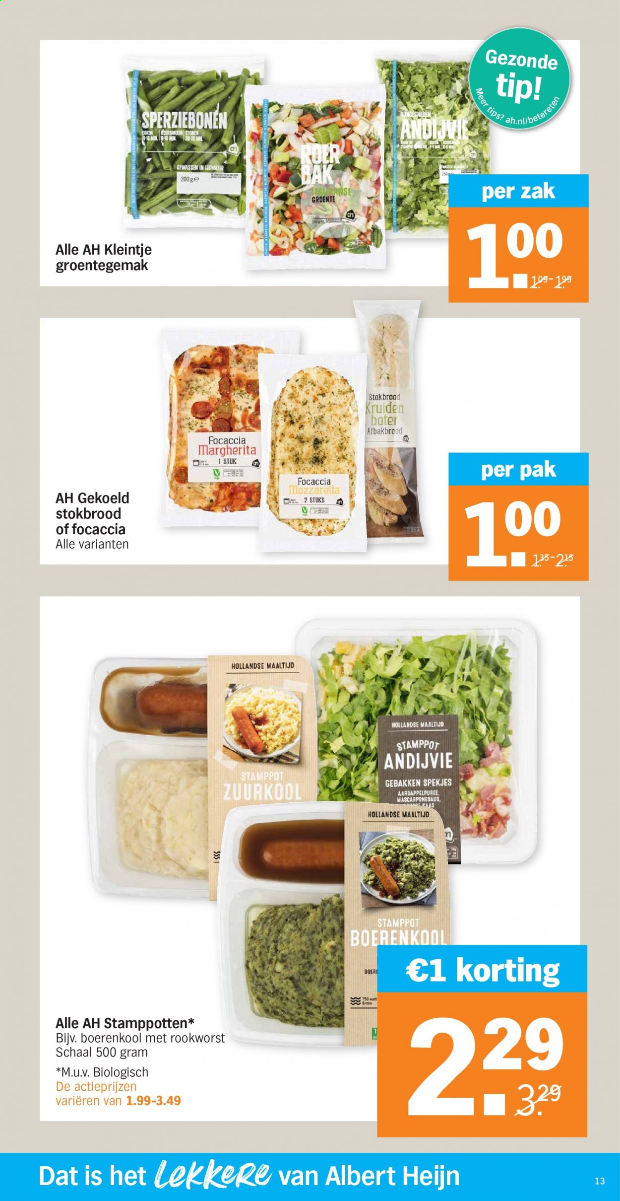 thumbnail - Albert Heijn-aanbieding - 18-1-2021 - 24-1-2021 -  producten in de aanbieding - afbakbrood, stokbrood, focaccia, boerenkool, andijvie, mozzarella, sperziebonen, zuurkool. Pagina 13.