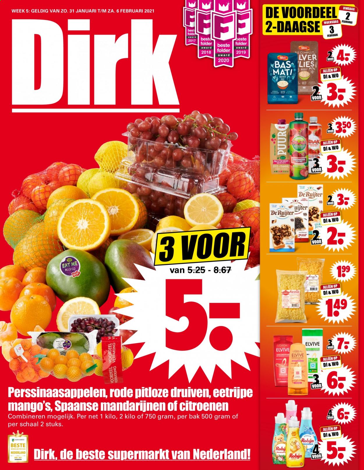 thumbnail - Dirk-aanbieding - 31-1-2021 - 6-2-2021 -  producten in de aanbieding - aardbeien, druiven, mango, perssinaasappelen, melk, rijst, Robijn, L’oréal, Elvive. Pagina 1.