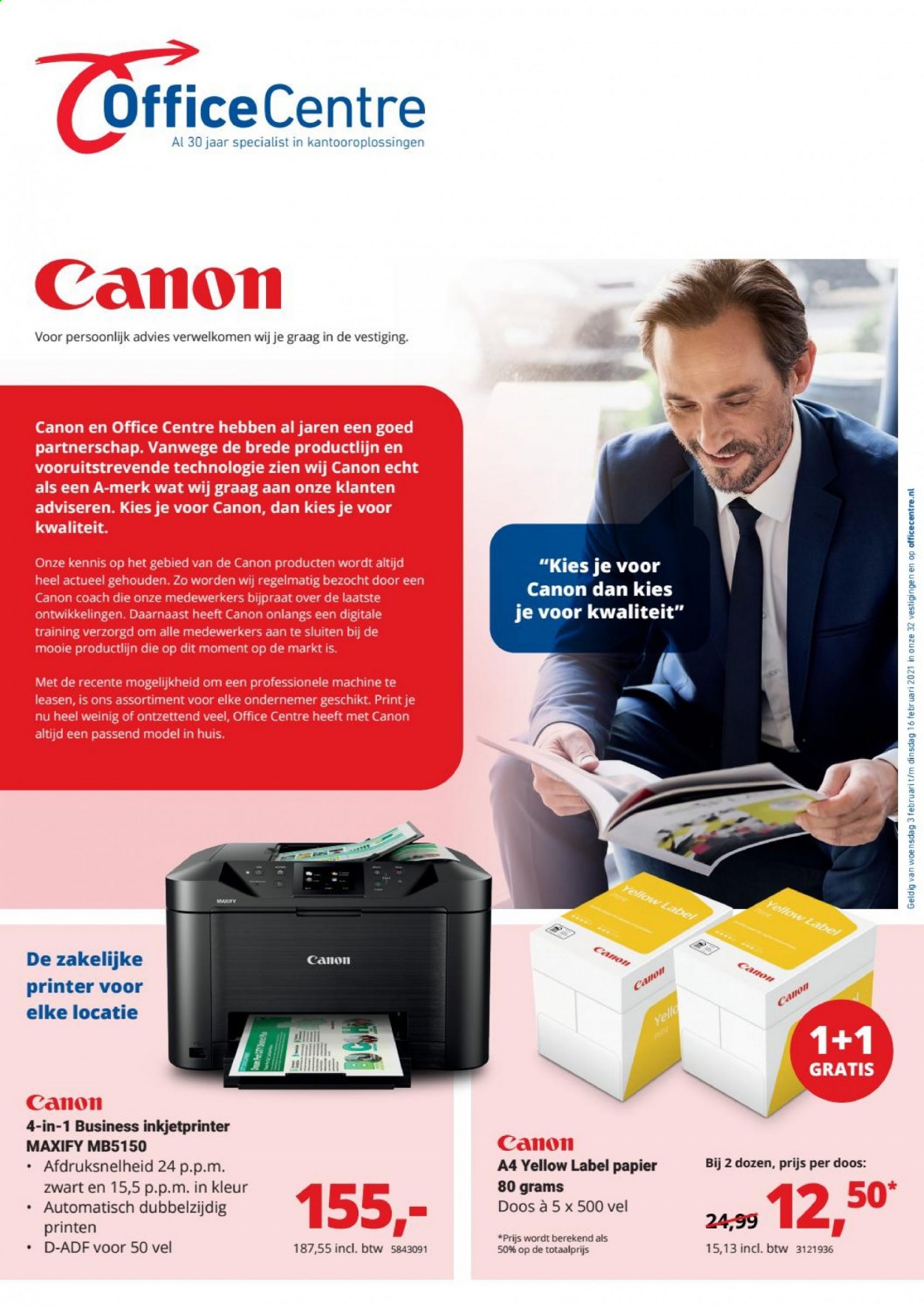 thumbnail - Office Centre-aanbieding - 3-2-2021 - 16-2-2021 -  producten in de aanbieding - Canon, printer. Pagina 1.