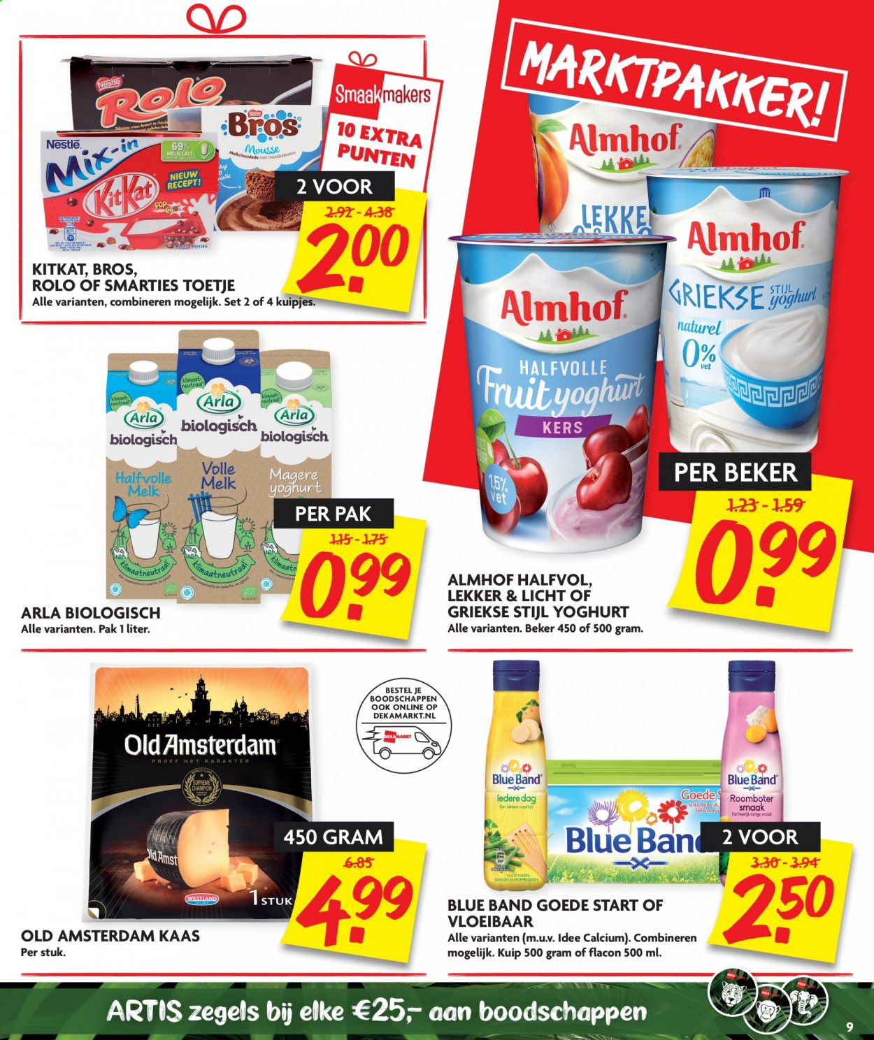 thumbnail - DekaMarkt-aanbieding - 7-2-2021 - 13-2-2021 -  producten in de aanbieding - Arla, kaas, Old Amsterdam, yoghurt, melk, volle melk, roomboter, melkchocolade, Smarties, Nestlé. Pagina 9.
