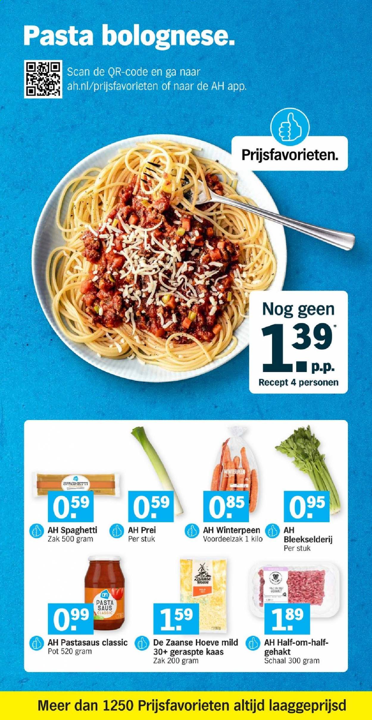 thumbnail - Albert Heijn-aanbieding -  producten in de aanbieding - bleekselderij, prei, winterpeen, kaas, geraspte kaas, pasta, spaghetti. Pagina 11.