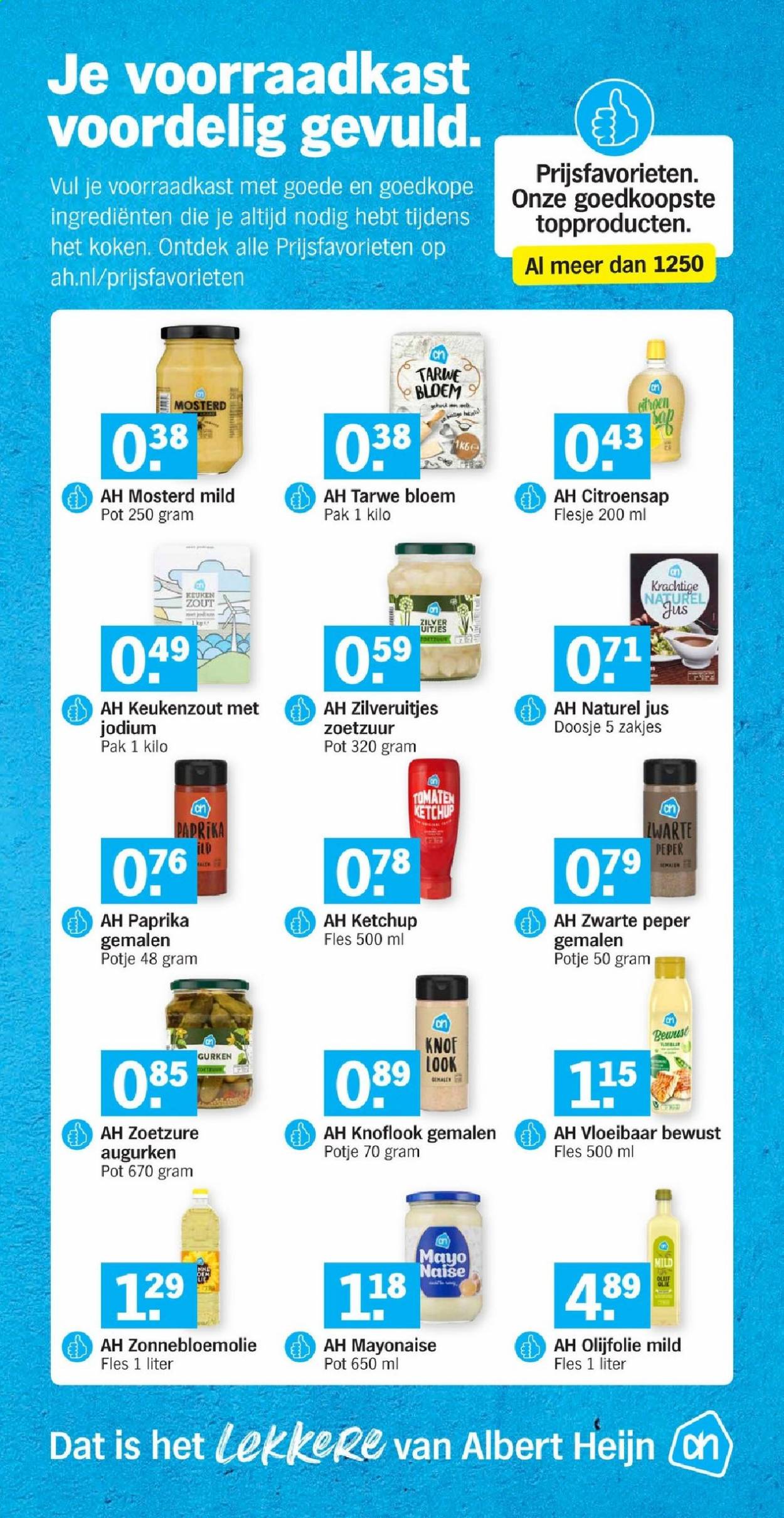 thumbnail - Albert Heijn-aanbieding -  producten in de aanbieding - citroen, mayonaise, augurken, zilveruien, mosterd, zonnebloemolie, olijfolie, citroensap. Pagina 12.