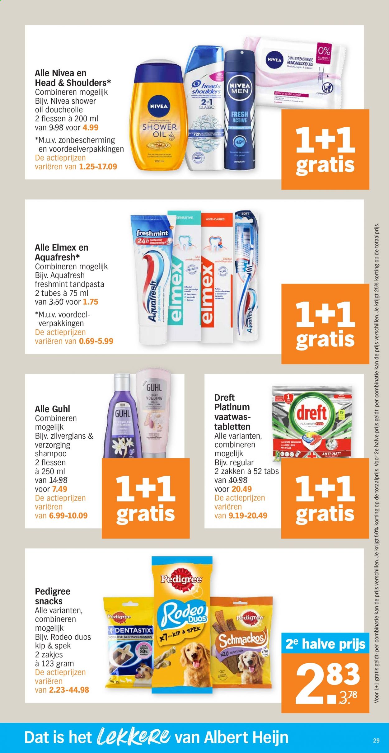 thumbnail - Albert Heijn-aanbieding - 8-2-2021 - 14-2-2021 -  producten in de aanbieding - vaatwastabletten, Head & Shoulders, shampoo, shower, Aquafresh, tandpasta, Elmex, Nivea. Pagina 29.