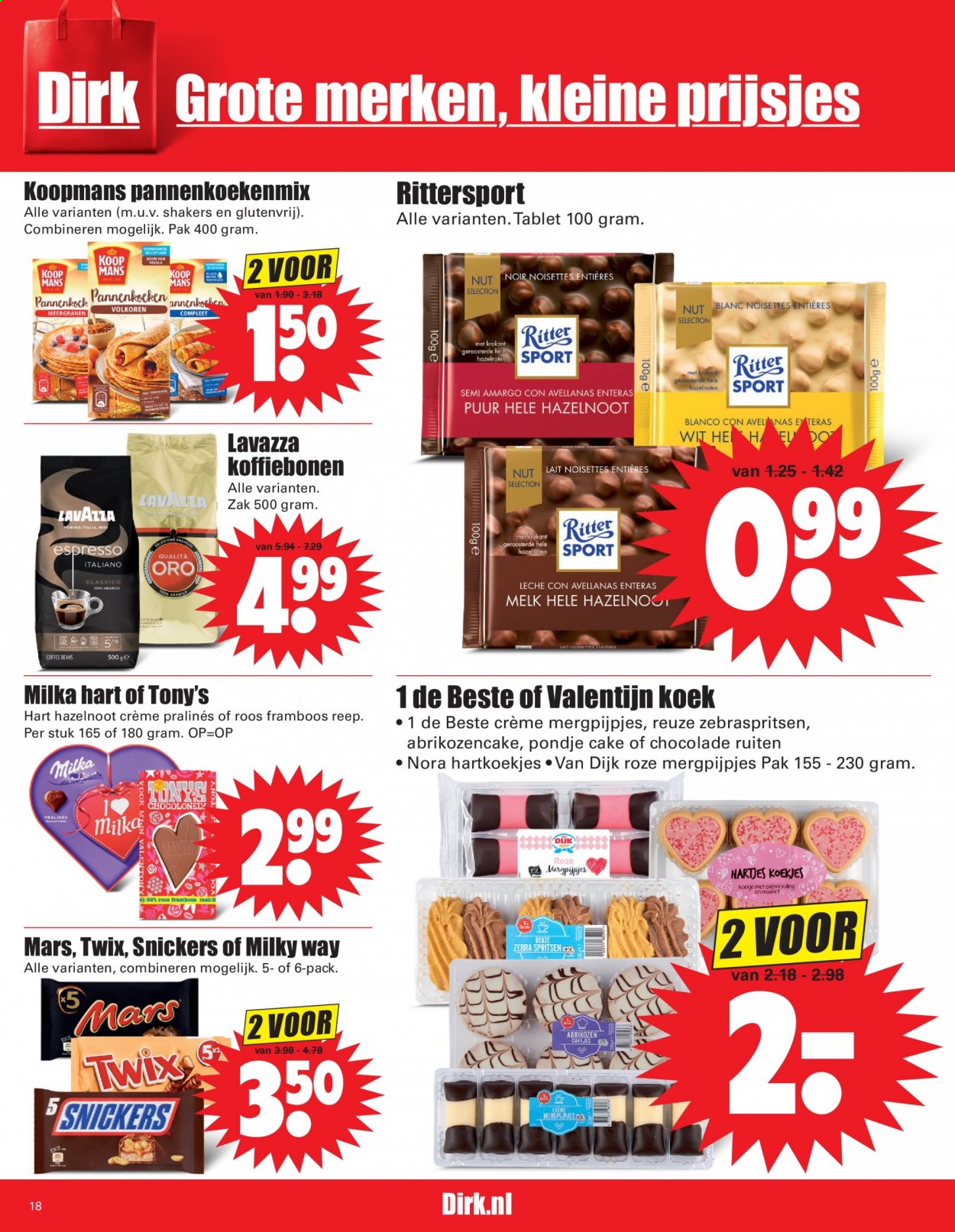 thumbnail - Dirk-aanbieding - 7-2-2021 - 13-2-2021 -  producten in de aanbieding - abrikozen, Milka, crème, melk, chocolade, koekjes, Milkyway, Ritter Sport, Snickers, hazelnoten, Lavazza, Espresso. Pagina 18.