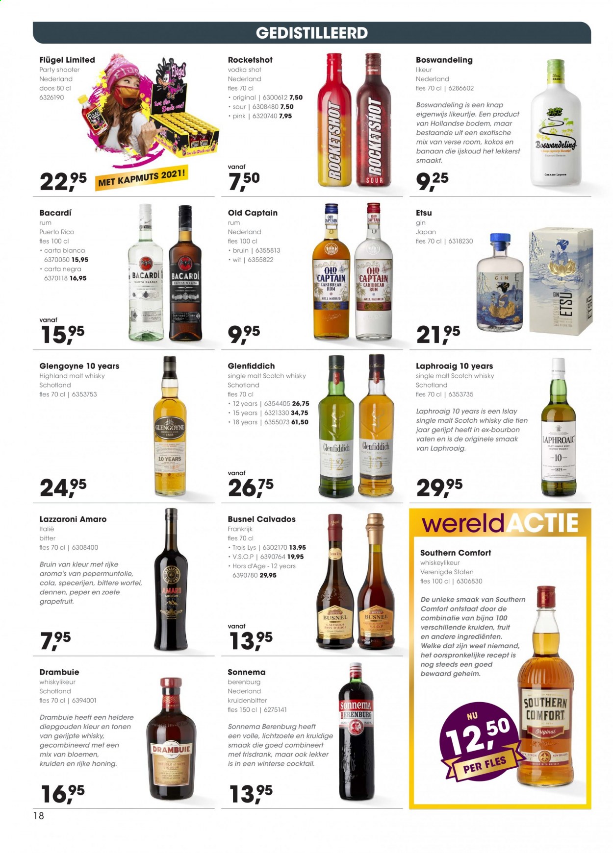 thumbnail - Hanos-aanbieding - 8-2-2021 - 21-2-2021 -  producten in de aanbieding - banaan, grapefruit, room, Frankrijk, Bacardi, Bourbon, rum, Calvados, Drambuie, scotch whisky, Single Malt, vodka, whisky, gin, Glenfiddich. Pagina 18.