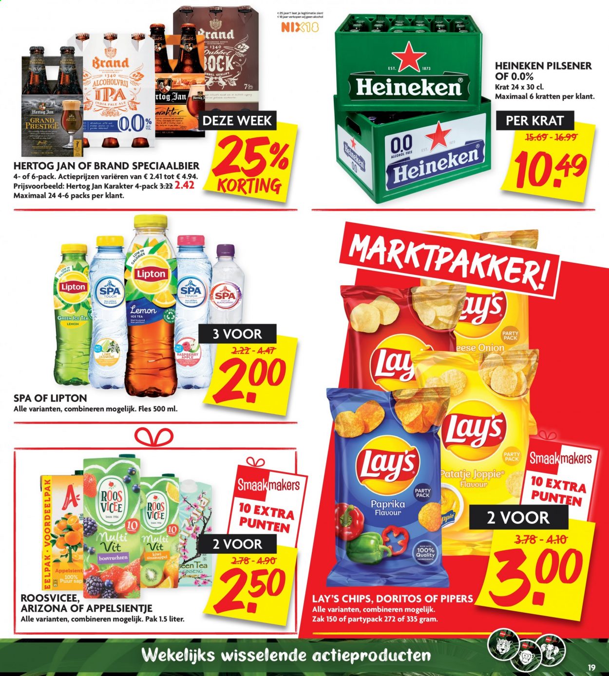 thumbnail - DekaMarkt-aanbieding - 14-2-2021 - 20-2-2021 -  producten in de aanbieding - pilsener, Heineken, Hertog Jan, kiwi, sinaasappels, chips, appelsientje, Lipton, ice tea, thee. Pagina 19.