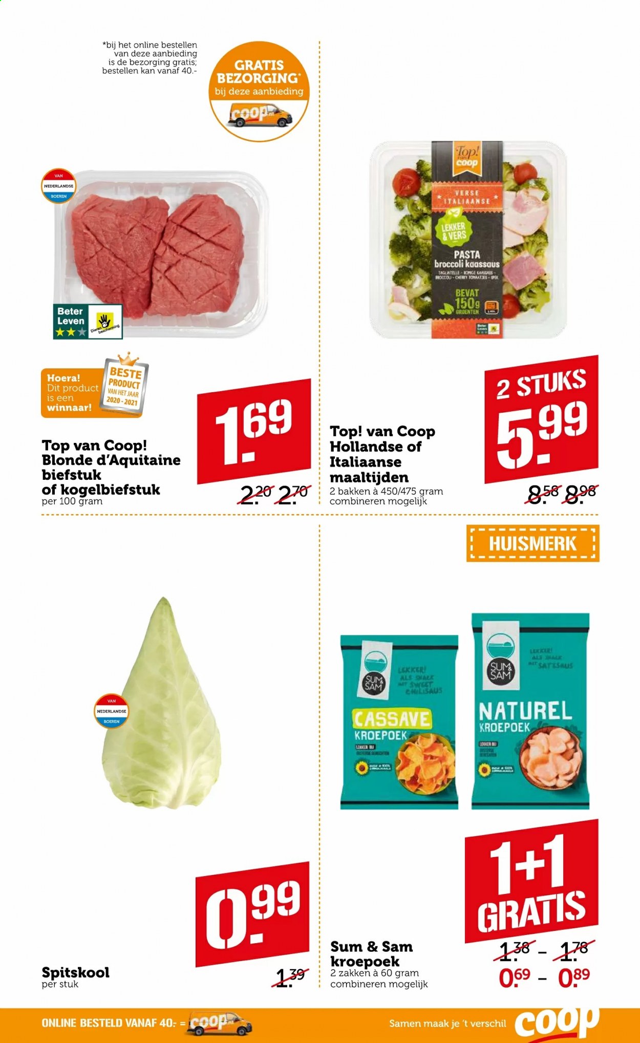 thumbnail - Coop-aanbieding - 15-2-2021 - 21-2-2021 -  producten in de aanbieding - spitskool, broccoli, biefstuk, kroepoek, pasta, chilisaus. Pagina 5.