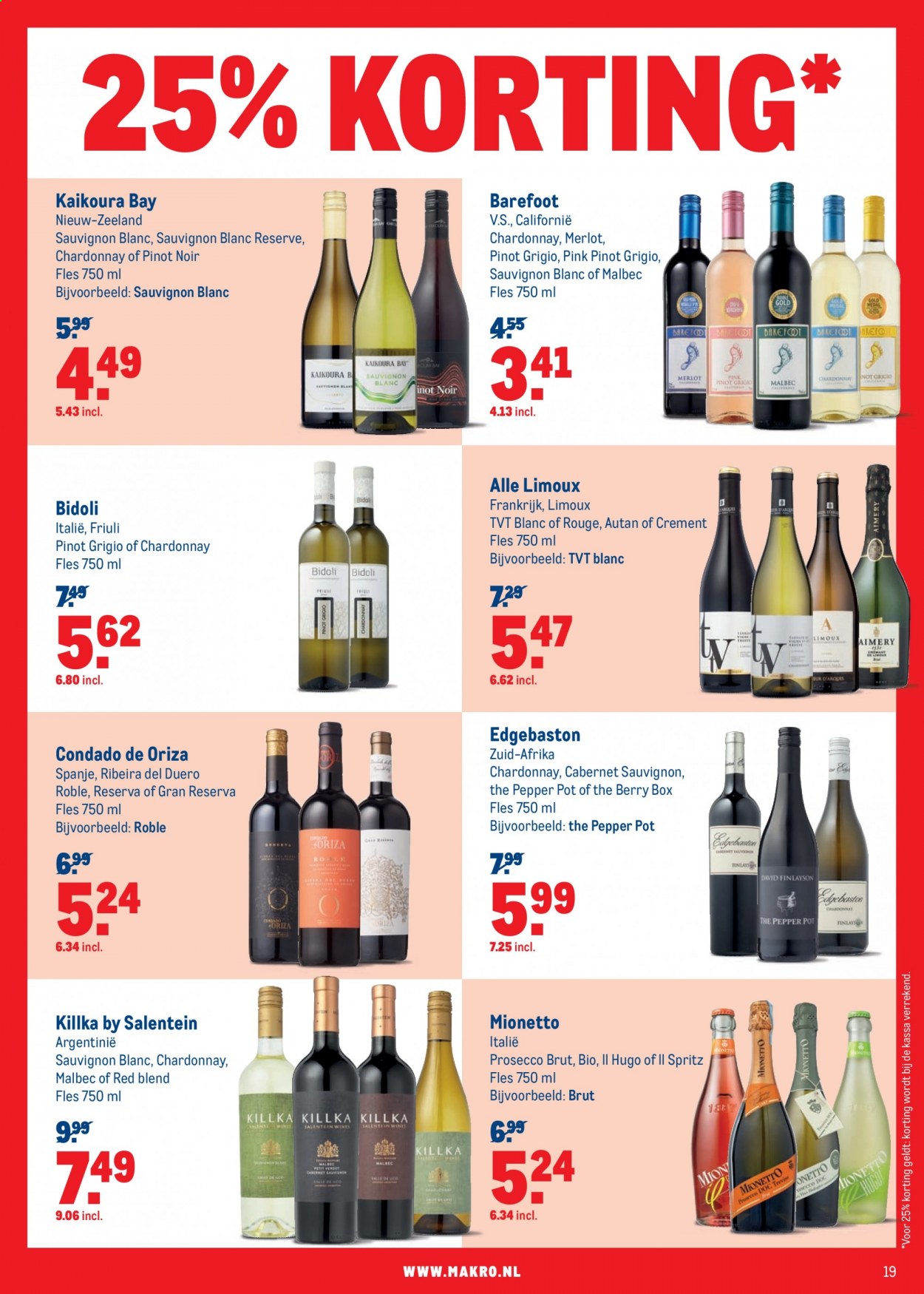 thumbnail - Makro-aanbieding - 17-2-2021 - 2-3-2021 -  producten in de aanbieding - Cabernet Sauvignon, Chardonnay, Merlot, prosecco, Pinot Noir, Sauvignon Blanc. Pagina 19.
