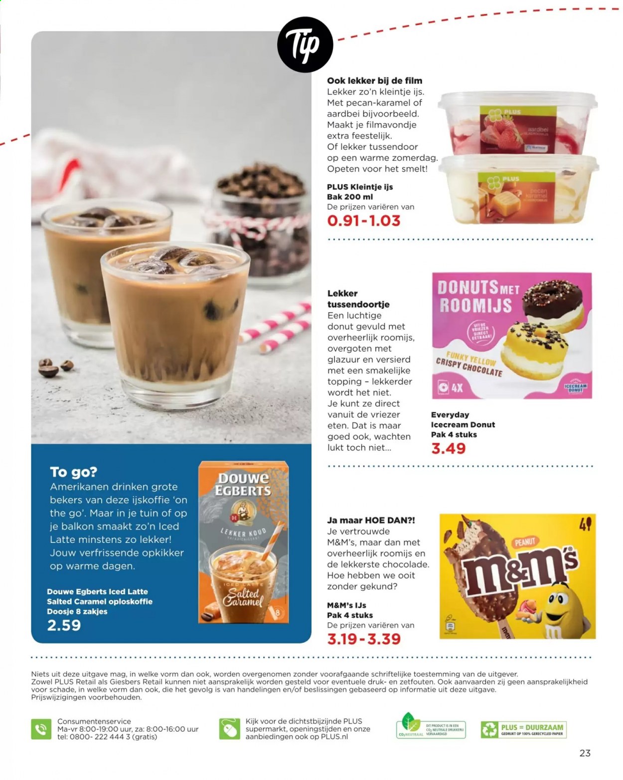 thumbnail - Plus-aanbieding -  producten in de aanbieding - chocolade, M&M's, Douwe Egberts, ijskoffie, oploskoffie. Pagina 23.