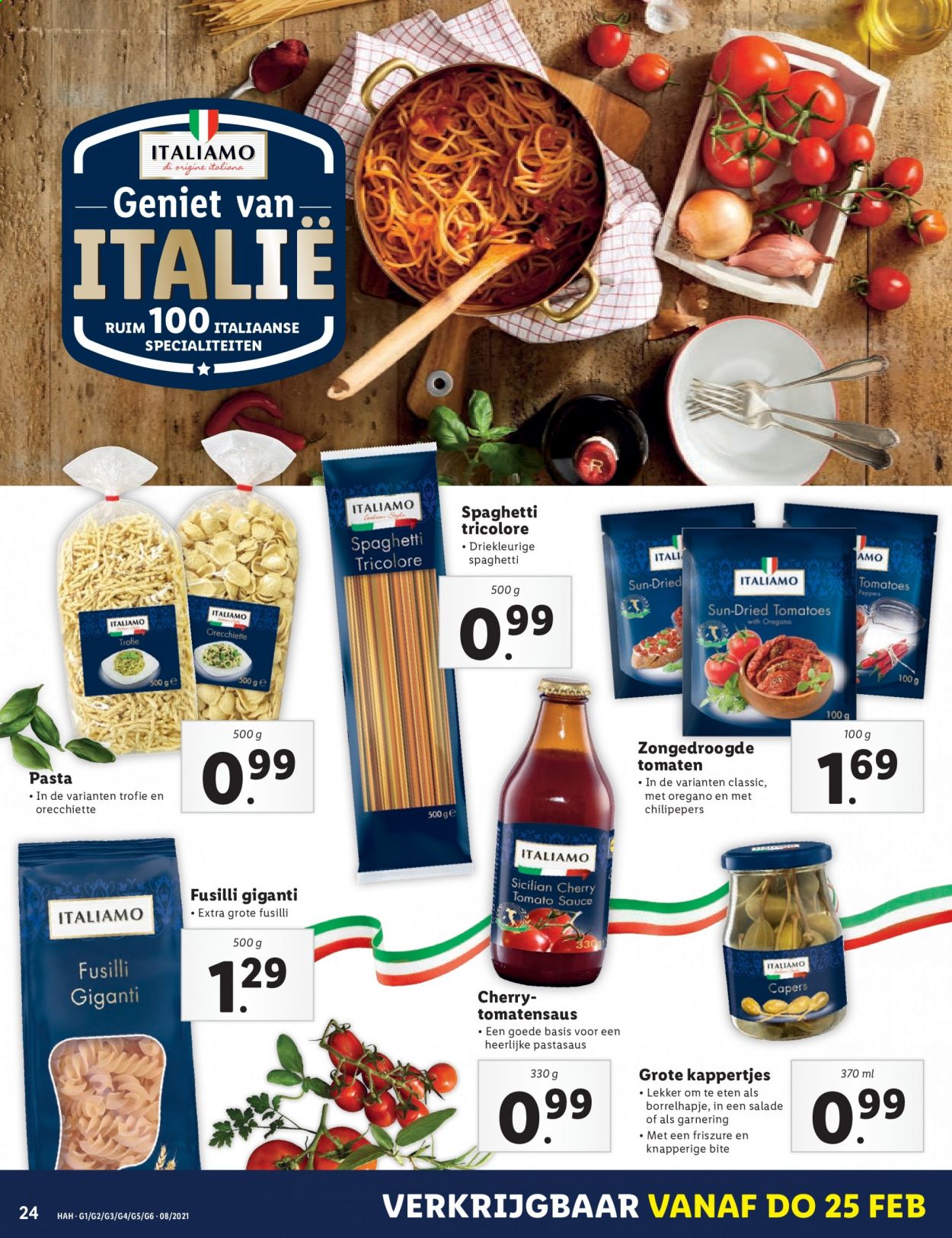 thumbnail - Lidl-aanbieding - 22-2-2021 - 28-2-2021 -  producten in de aanbieding - Italiamo, kappertjes, tomatensaus, pasta, spaghetti, fusilli, oregano. Pagina 25.