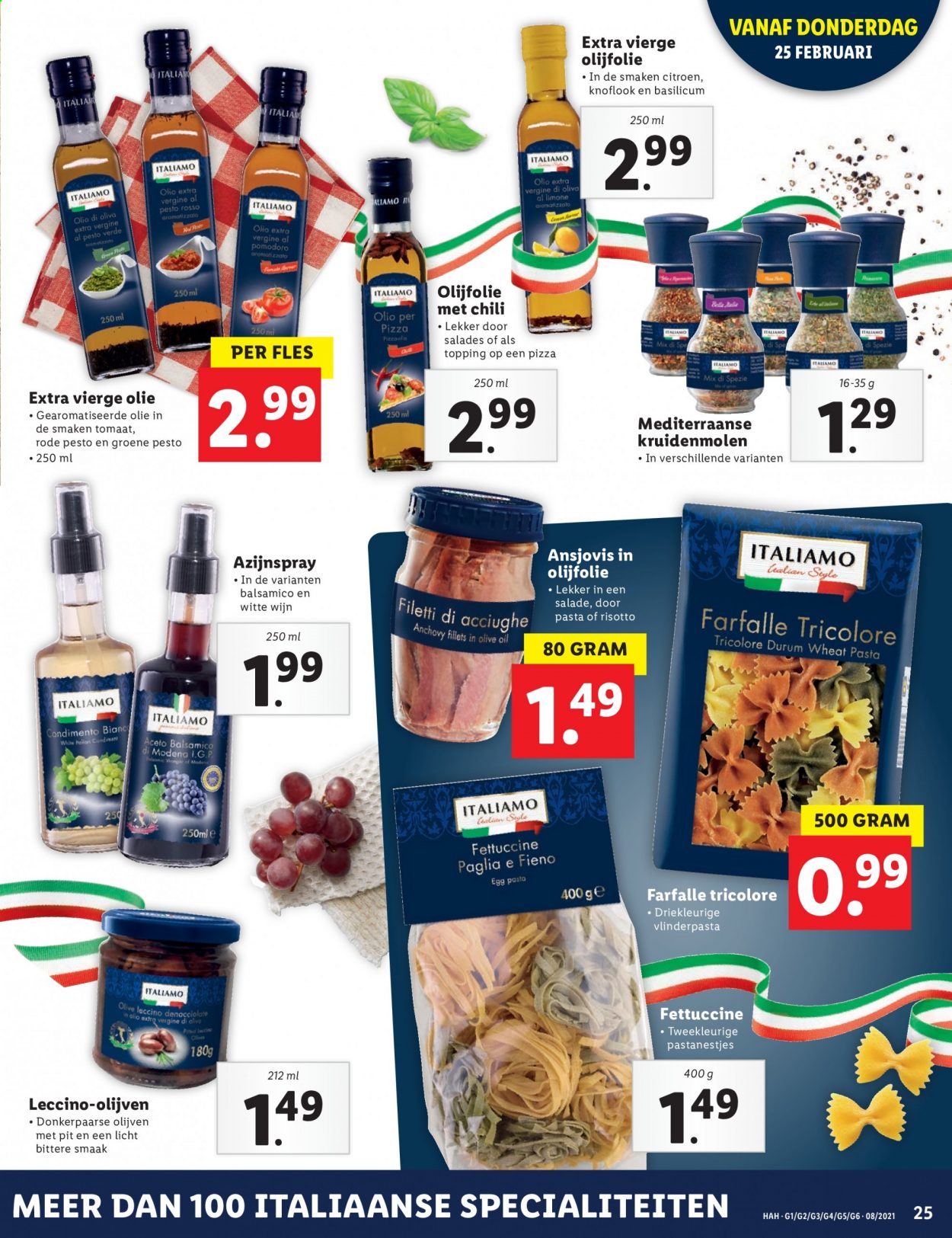 thumbnail - Lidl-aanbieding - 22-2-2021 - 28-2-2021 -  producten in de aanbieding - Italiamo, rode pesto, olijven, groene pesto, farfalle, balsamico. Pagina 26.