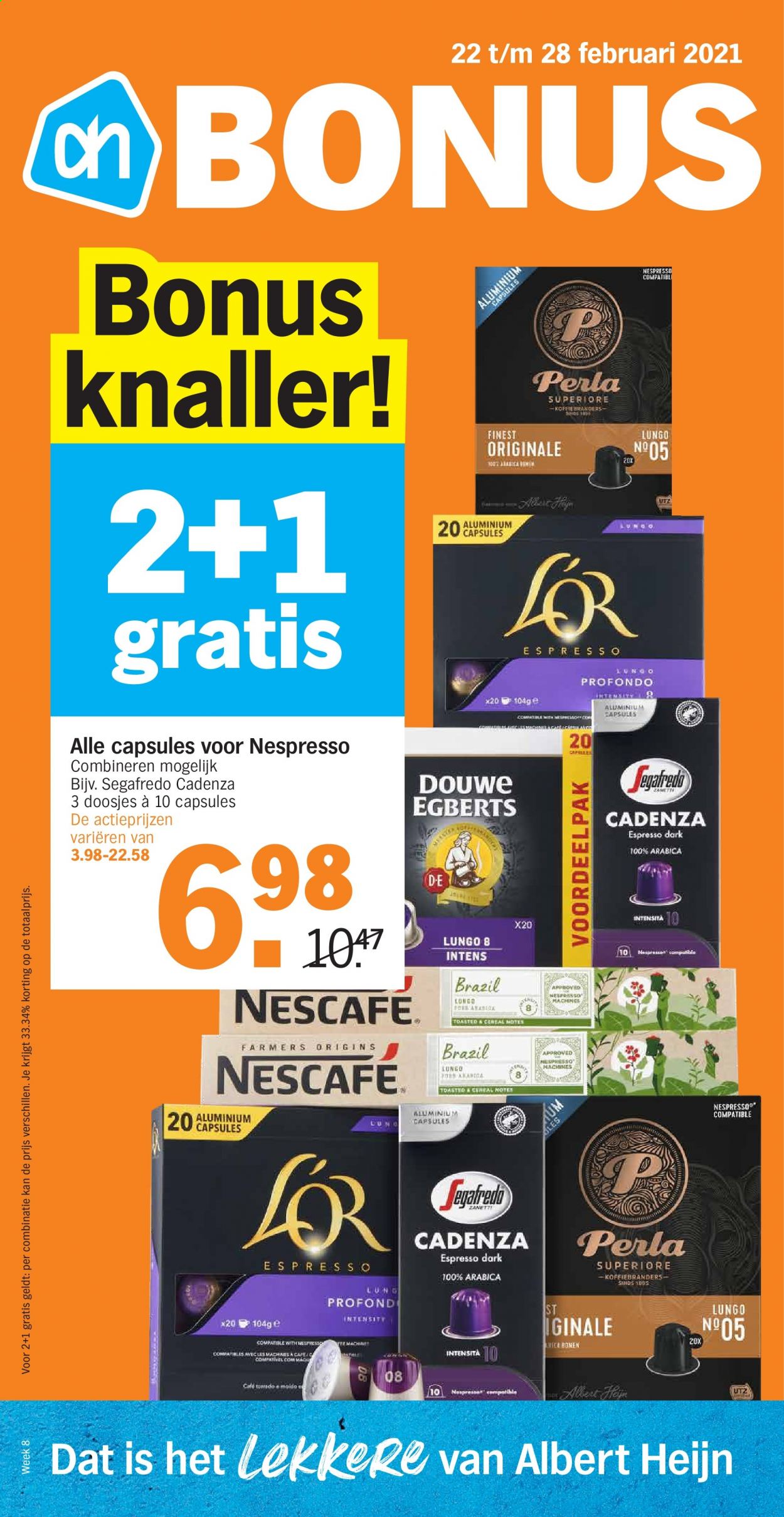thumbnail - Albert Heijn-aanbieding - 22-2-2021 - 28-2-2021 -  producten in de aanbieding - Douwe Egberts, koffie, Segafredo, Nespresso, Espresso. Pagina 1.