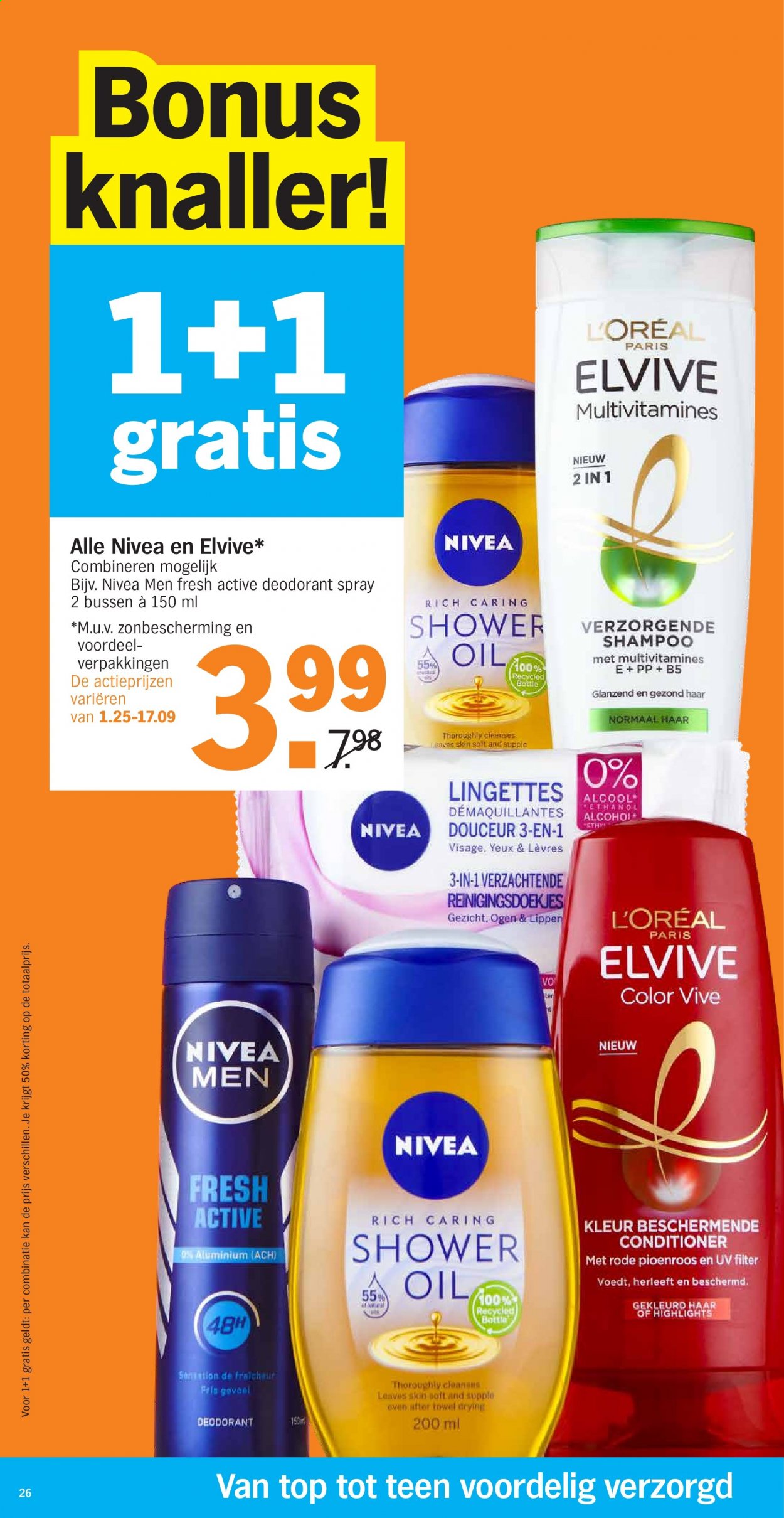 thumbnail - Albert Heijn-aanbieding - 22-2-2021 - 28-2-2021 -  producten in de aanbieding - reinigingsdoekjes, L’oréal, shampoo, shower, Nivea Men, Nivea, Elvive, conditioner, deodorant. Pagina 26.