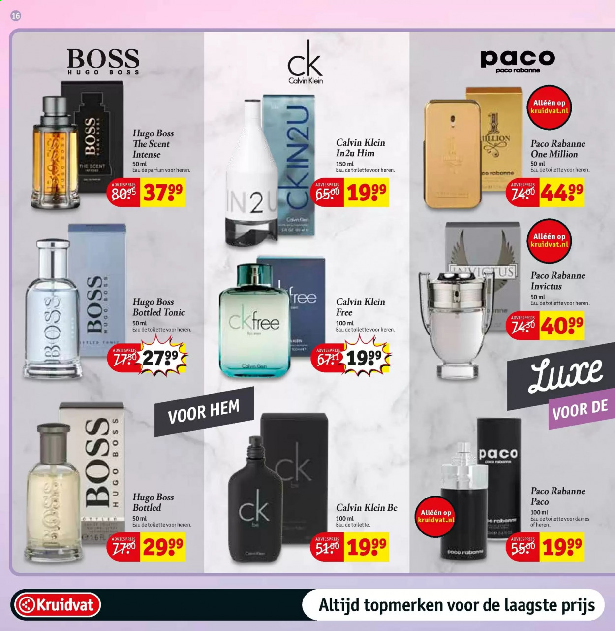 thumbnail - Kruidvat-aanbieding - 23-2-2021 - 7-3-2021 -  producten in de aanbieding - Hugo Boss, Eau de Parfum, Calvin Klein, Eau de Toilette, Paco Rabanne. Pagina 16.