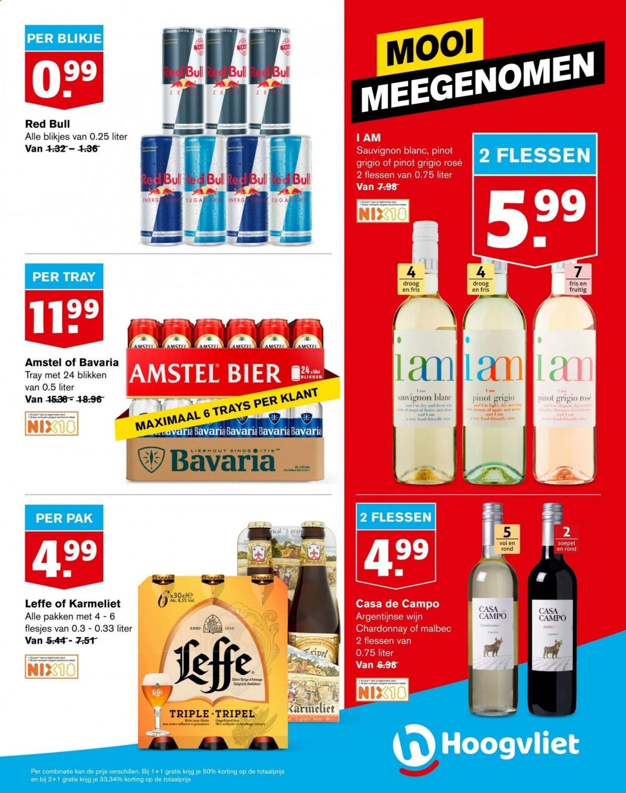 thumbnail - Hoogvliet-aanbieding - 24-2-2021 - 2-3-2021 -  producten in de aanbieding - Leffe, Amstel Bier, Bavaria, bier, Red Bull, Chardonnay, Sauvignon Blanc, wijn. Pagina 23.