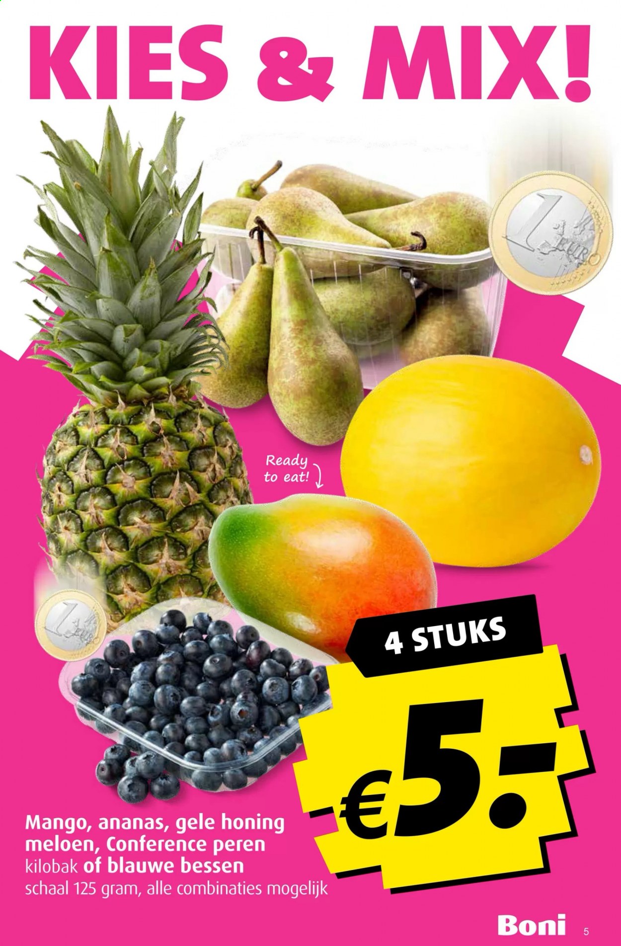 thumbnail - Boni-aanbieding - 24-2-2021 - 2-3-2021 -  producten in de aanbieding - honingmeloen, meloen, bessen, mango, ananas, bosbessen. Pagina 5.