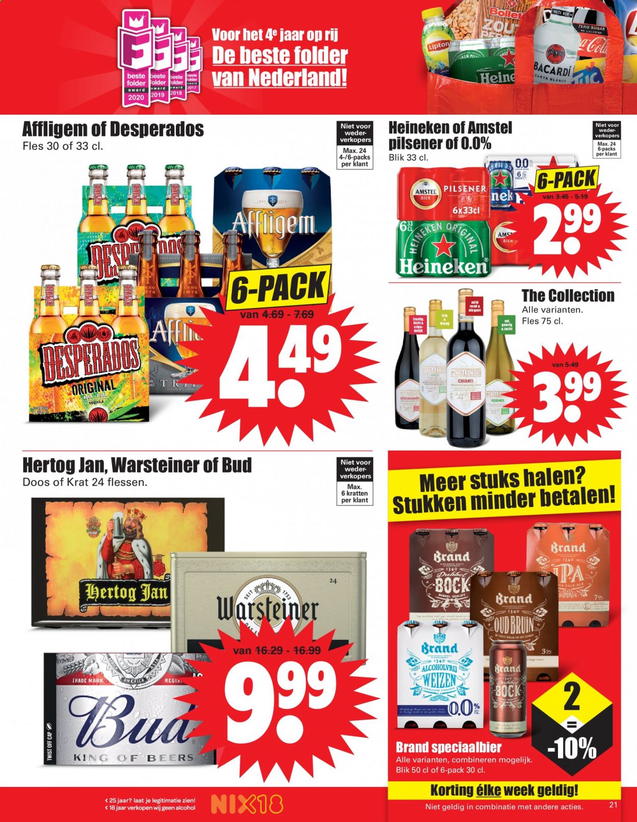thumbnail - Dirk-aanbieding - 21-2-2021 - 27-2-2021 -  producten in de aanbieding - Affligem, Warsteiner, pilsener, Amstel Bier, Heineken, Hertog Jan, bier, Lipton, Chianti, Bacardi. Pagina 21.
