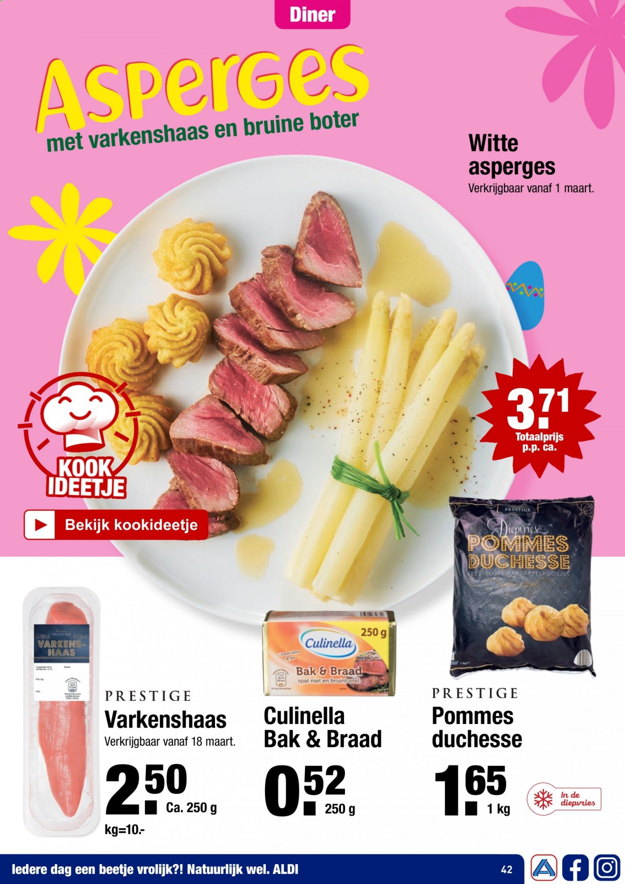 thumbnail - Aldi-aanbieding -  producten in de aanbieding - varkenshaas, varkensvlees, asperges, witte asperges. Pagina 44.
