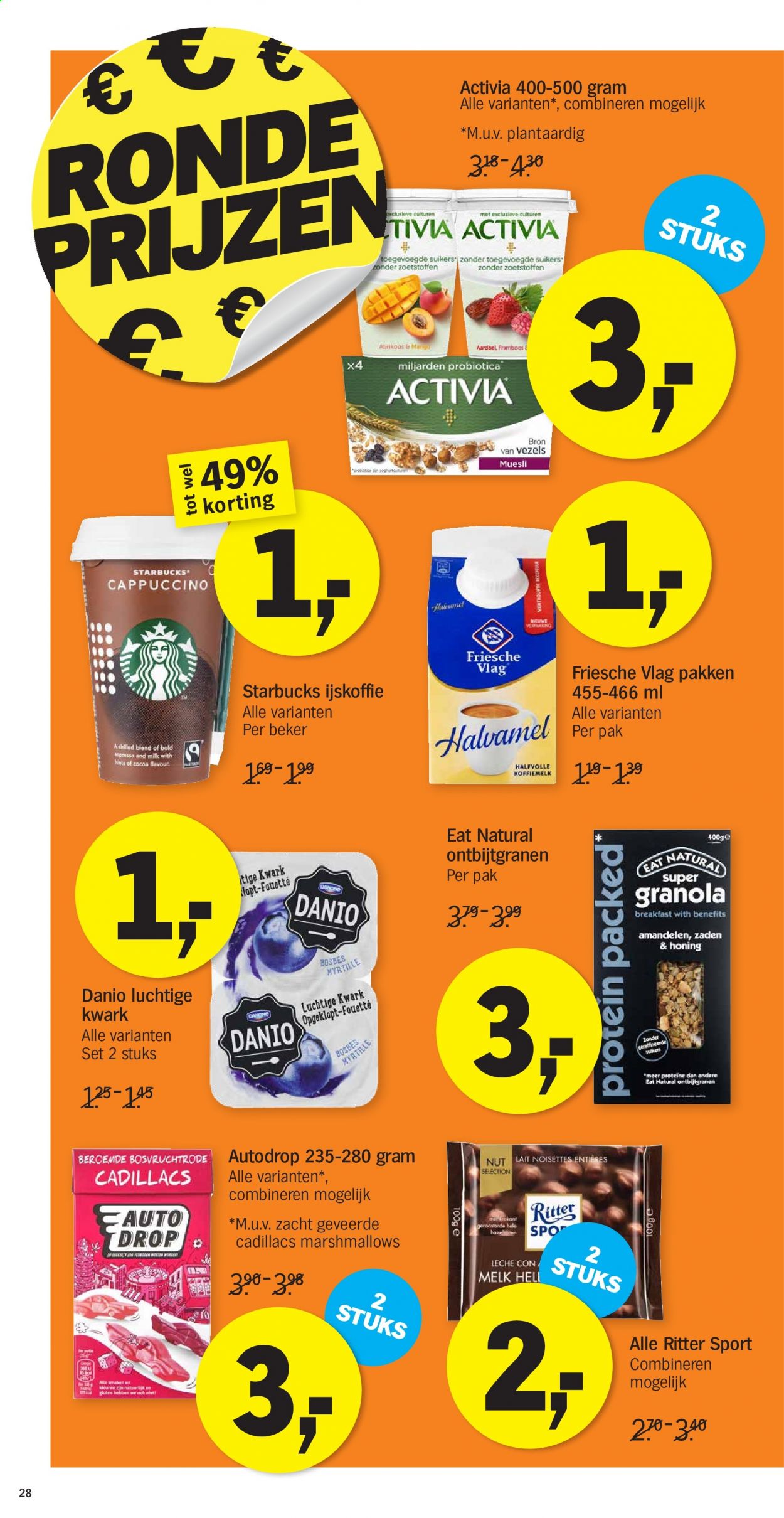 thumbnail - Albert Heijn-aanbieding - 1-3-2021 - 7-3-2021 -  producten in de aanbieding - Danone, Activia, melk, koffiemelk, Marshmallows, Ritter Sport, granola, amandelen, ijskoffie. Pagina 28.