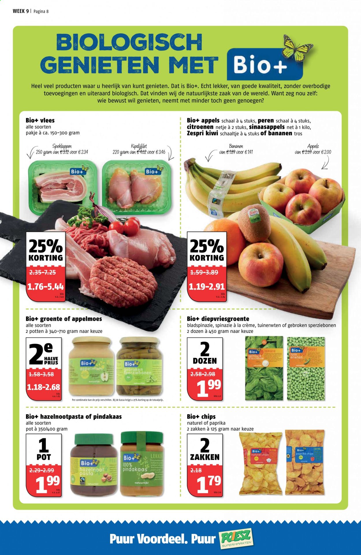 thumbnail - Poiesz-aanbieding - 1-3-2021 - 7-3-2021 -  producten in de aanbieding - spinazie, appels, kiwi, crème, sperziebonen, chips, pindakaas. Pagina 9.