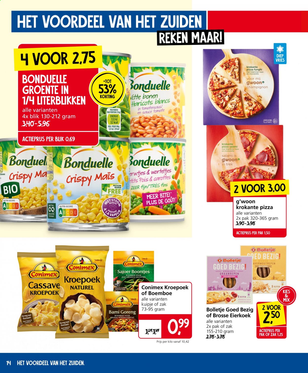 thumbnail - Jan Linders-aanbieding - 1-3-2021 - 7-3-2021 -  producten in de aanbieding - maïs, pizza, kaas, Bonduelle, kroepoek, cranberry’s. Pagina 14.