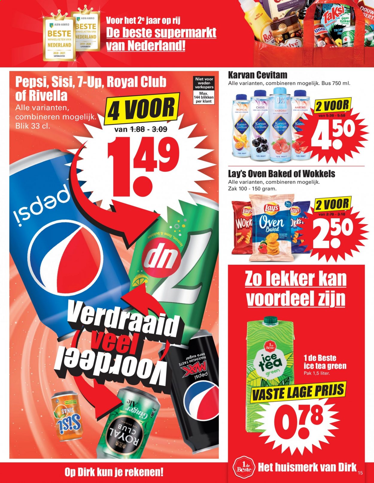 thumbnail - Dirk-aanbieding - 28-2-2021 - 6-3-2021 -  producten in de aanbieding - Karvan Cévitam, Pepsi, ice tea, thee. Pagina 15.
