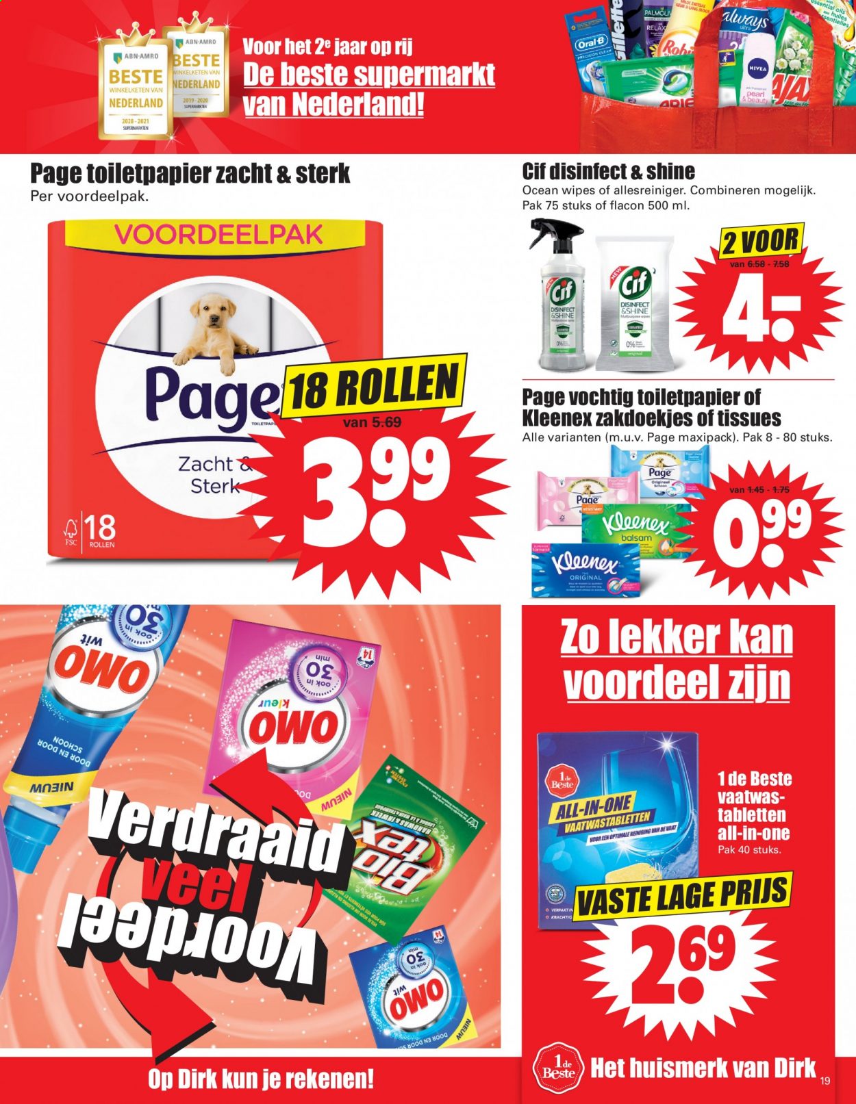 thumbnail - Dirk-aanbieding - 28-2-2021 - 6-3-2021 -  producten in de aanbieding - Kleenex, Cif, vaatwastabletten, Oral-B, Always. Pagina 19.