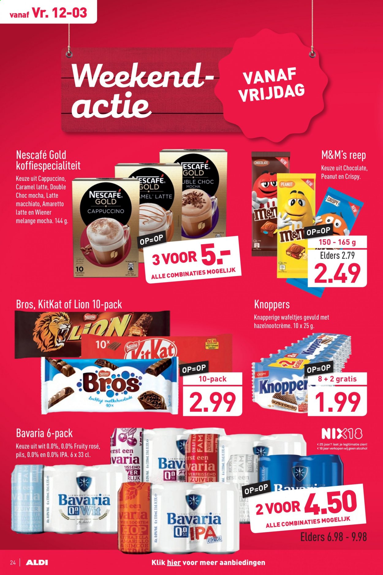 thumbnail - Aldi-aanbieding - 8-3-2021 - 14-3-2021 -  producten in de aanbieding - Bavaria, M&M's, melkchocolade, Nestlé, Amaretto. Pagina 24.