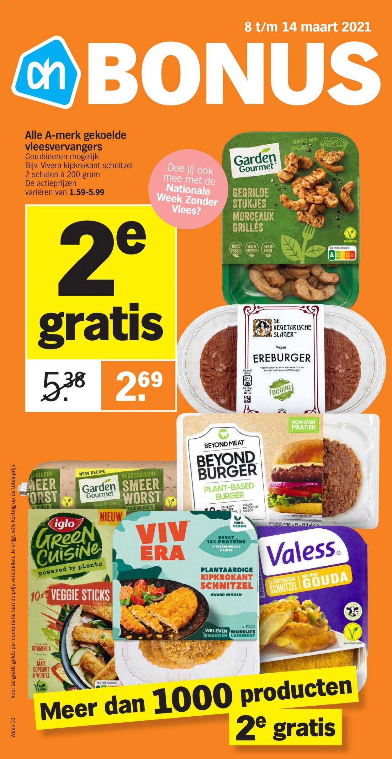 thumbnail - Albert Heijn-aanbieding - 8-3-2021 - 14-3-2021 -  producten in de aanbieding - Veggie, gouda, Iglo, maïs. Pagina 1.