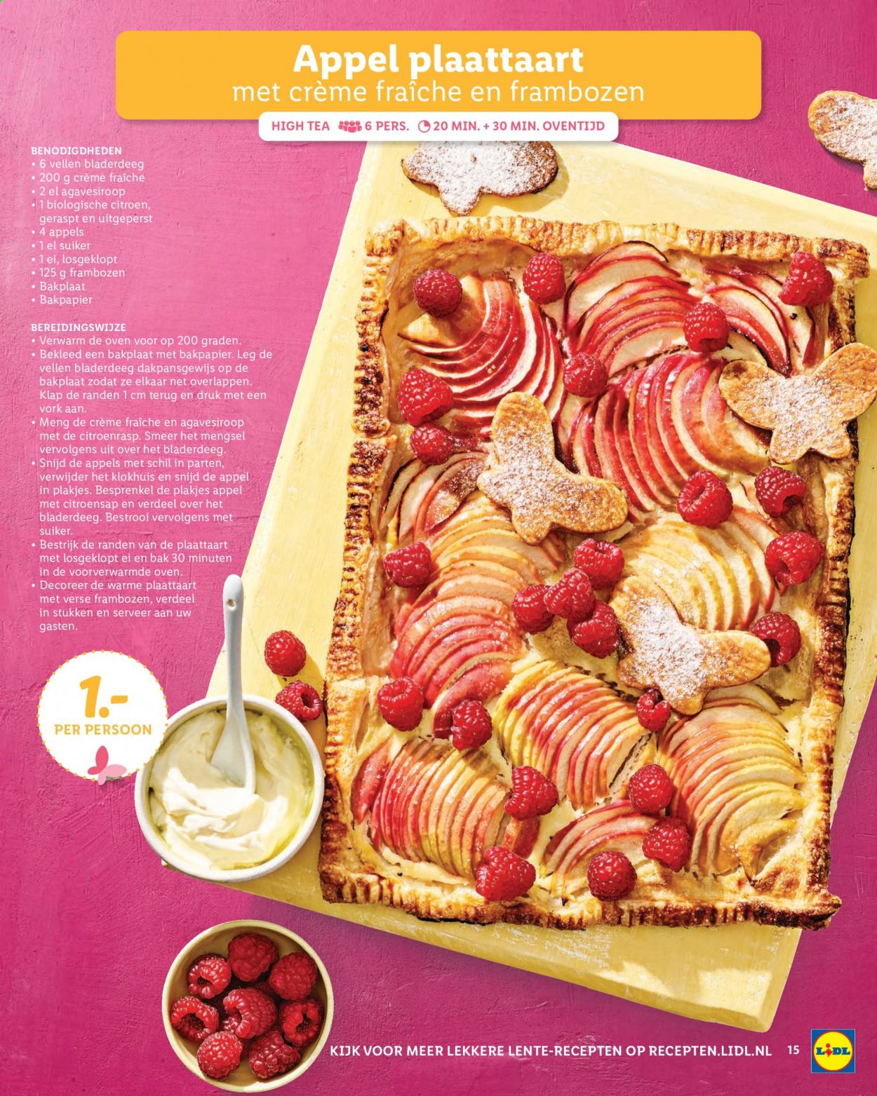thumbnail - Lidl-aanbieding -  producten in de aanbieding - appels, citroen, frambozen, crème, ei, crème fraîche, bladerdeeg, suiker, citroensap, thee, bakplaat. Pagina 15.
