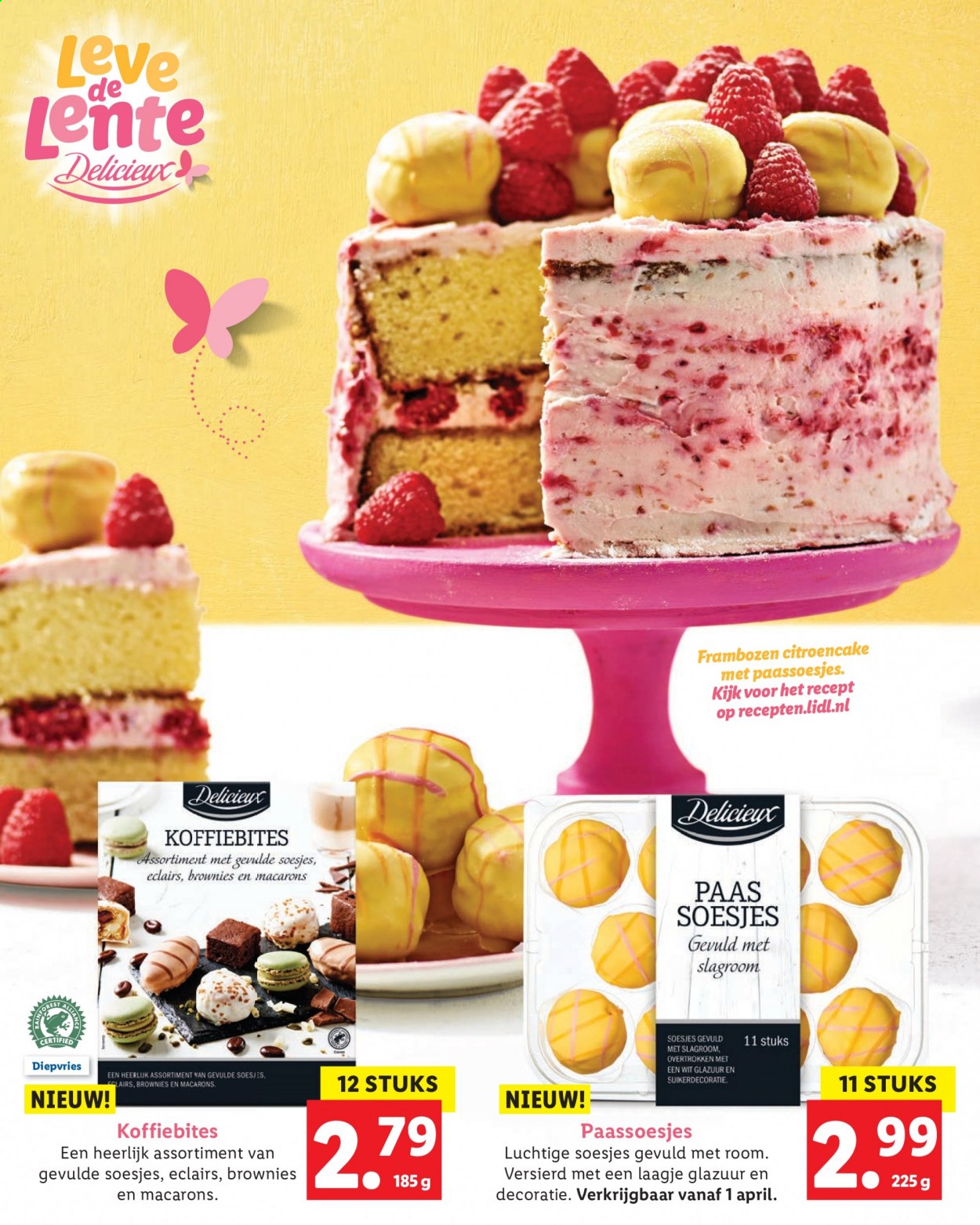 thumbnail - Lidl-aanbieding -  producten in de aanbieding - éclairs, macarons, brownie, frambozen, room, slagroom. Pagina 18.