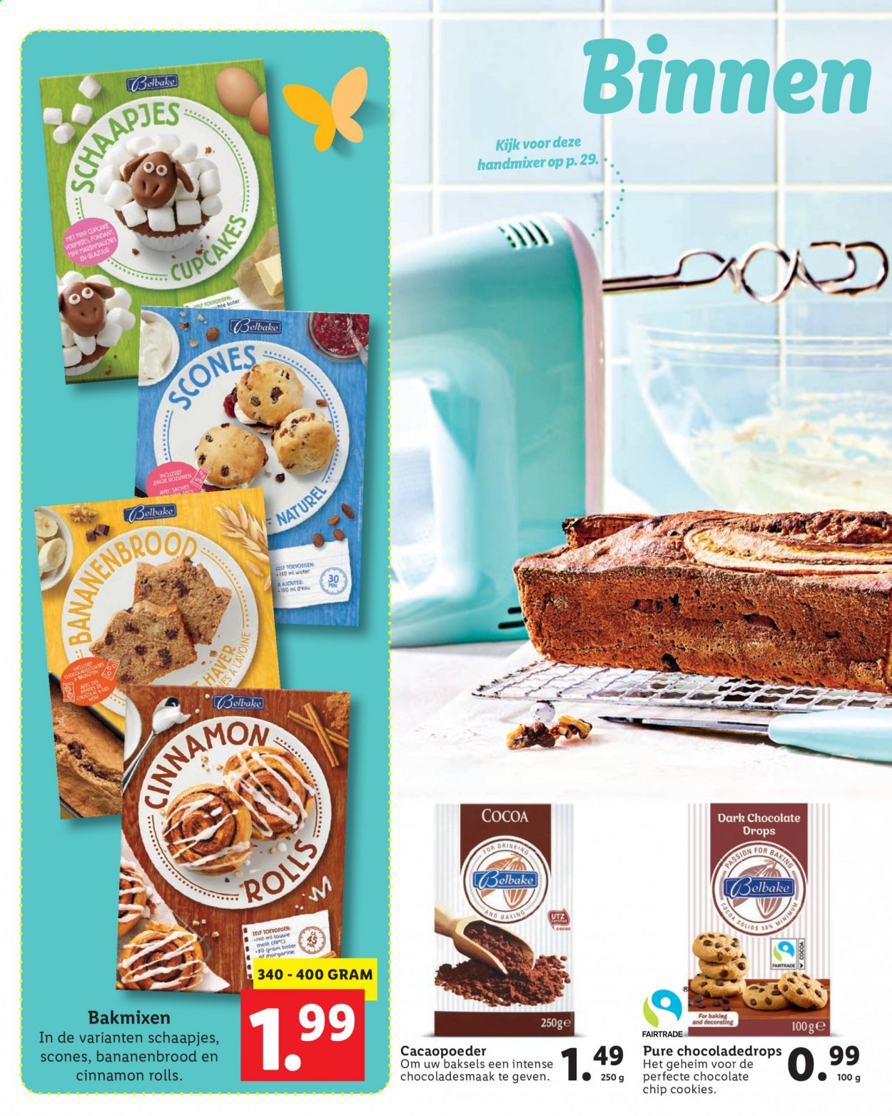 thumbnail - Lidl-aanbieding -  producten in de aanbieding - cupcakes, scones, melk, cookies, cacaopoeder, handmixer. Pagina 24.