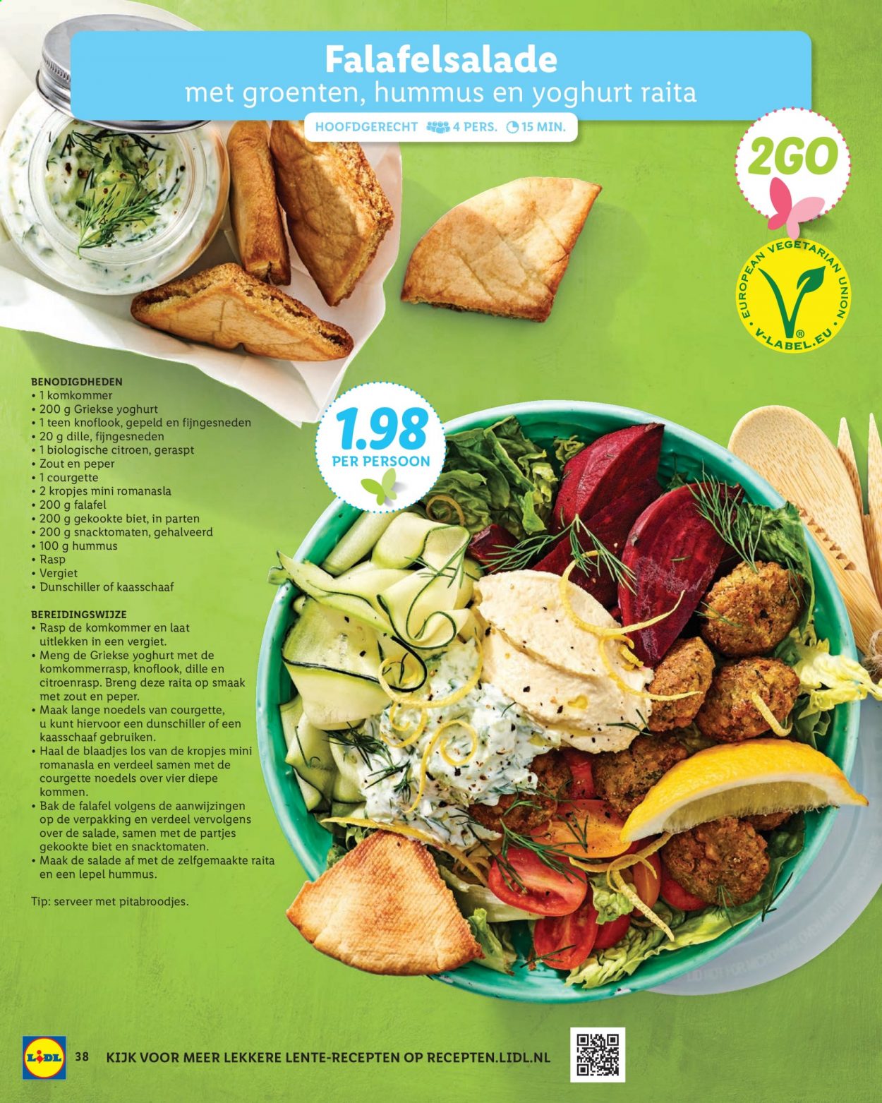 thumbnail - Lidl-aanbieding -  producten in de aanbieding - pita, komkommer, courgette, citroen, Falafel, hummus, yoghurt, griekse yoghurt, noedels, dille. Pagina 38.