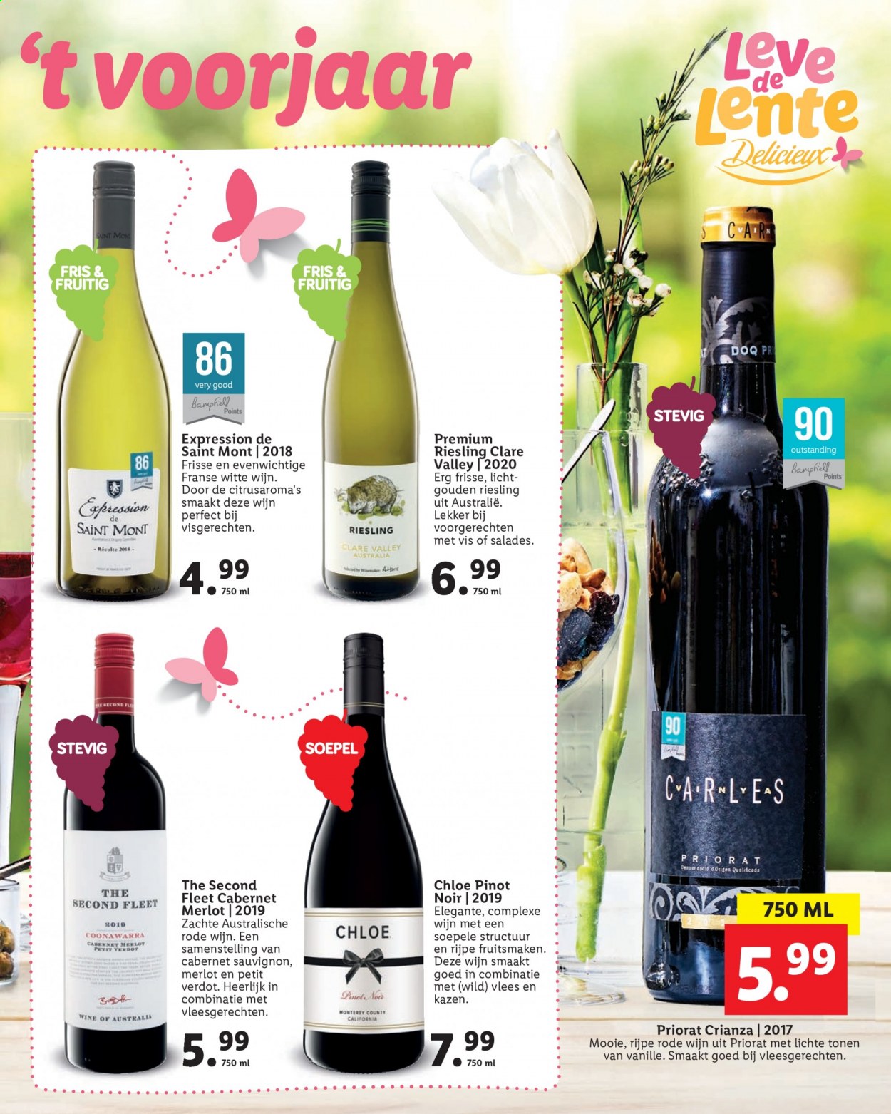 thumbnail - Lidl-aanbieding -  producten in de aanbieding - Cabernet Sauvignon, Merlot, riesling, Pinot Noir, rode wijn, witte wijn, wijn, Chloé. Pagina 45.