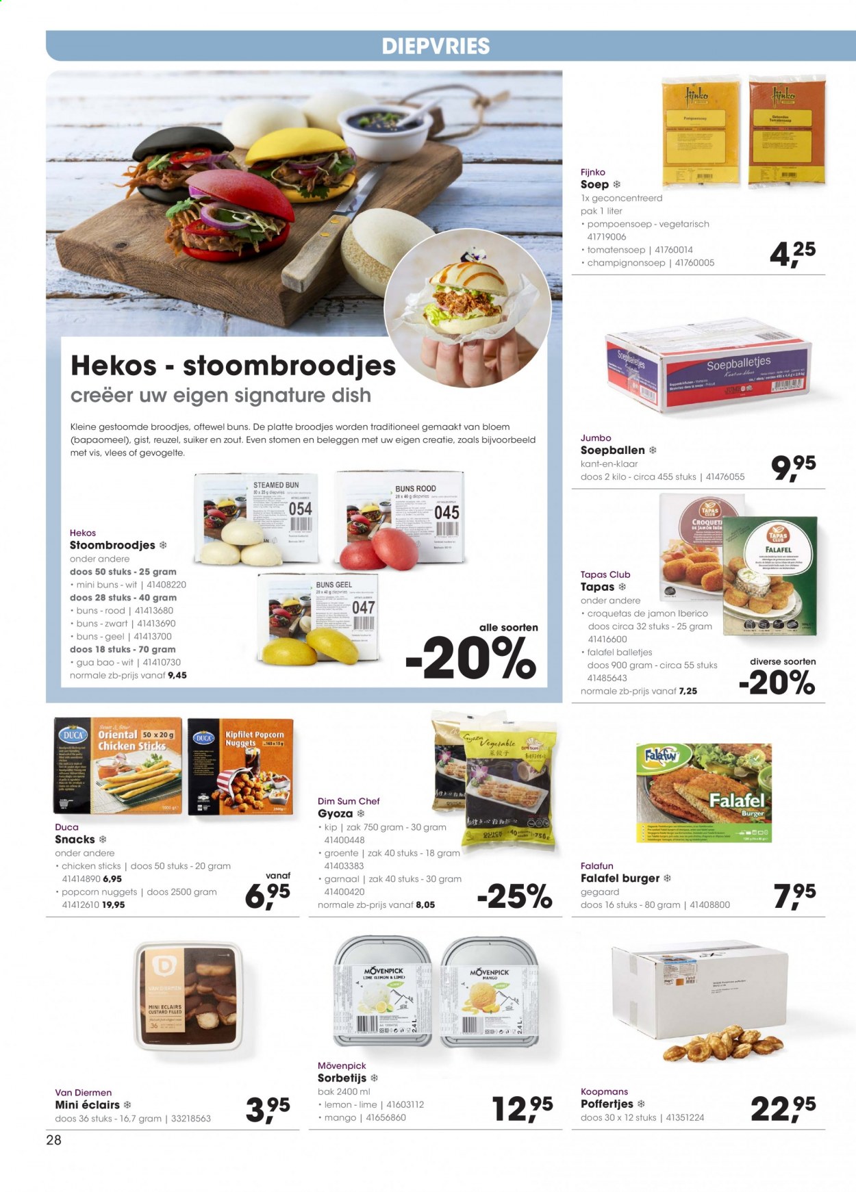 thumbnail - Hanos-aanbieding - 8-3-2021 - 21-3-2021 -  producten in de aanbieding - éclairs, mango, gyoza, tapas, Falafel, broodje, vegetarisch eten, popcorn, suiker, Mövenpick. Pagina 28.