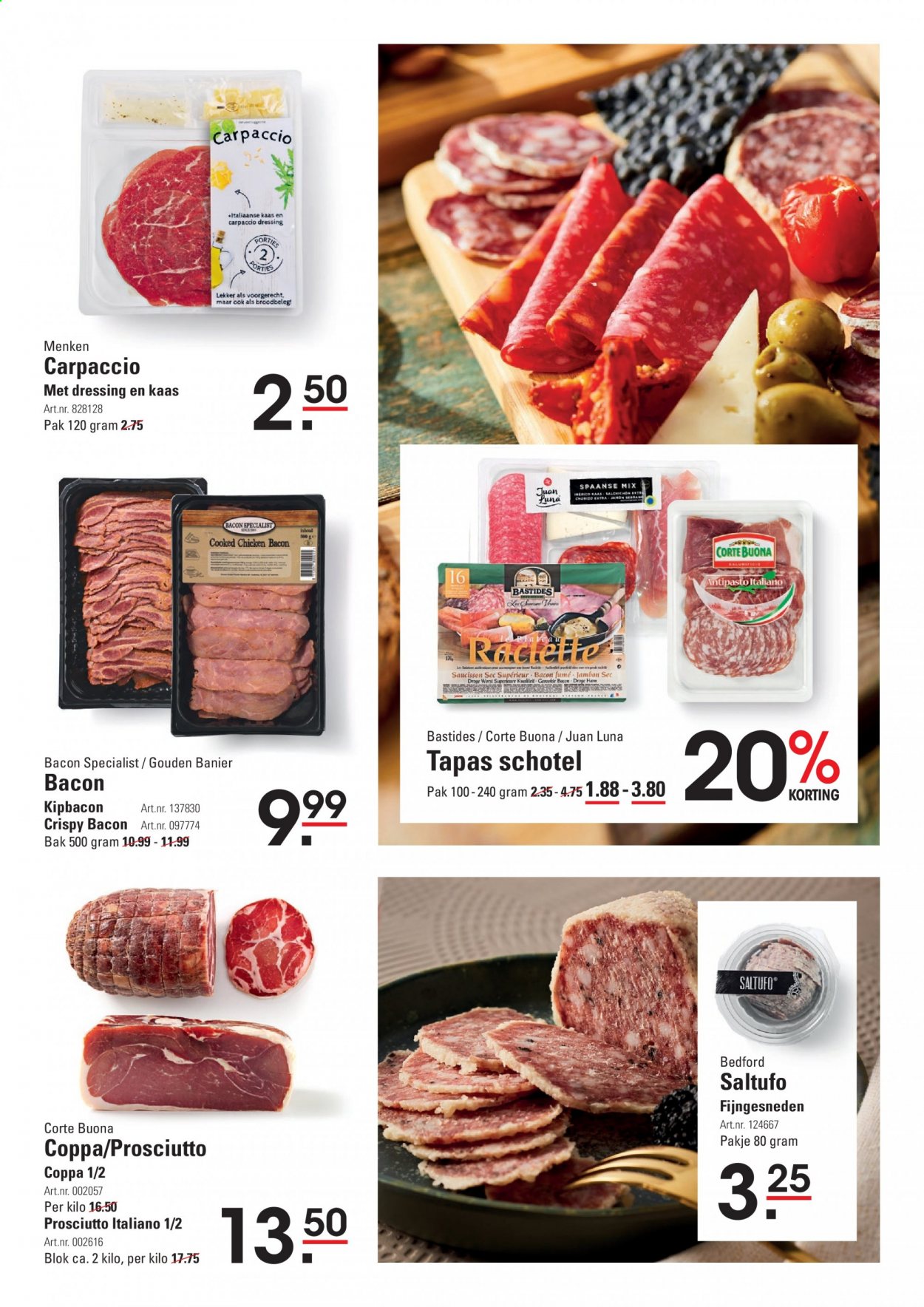 thumbnail - Sligro-aanbieding - 11-3-2021 - 5-4-2021 -  producten in de aanbieding - carpaccio, tapas, bacon, chorizo, prosciutto, kaas. Pagina 21.