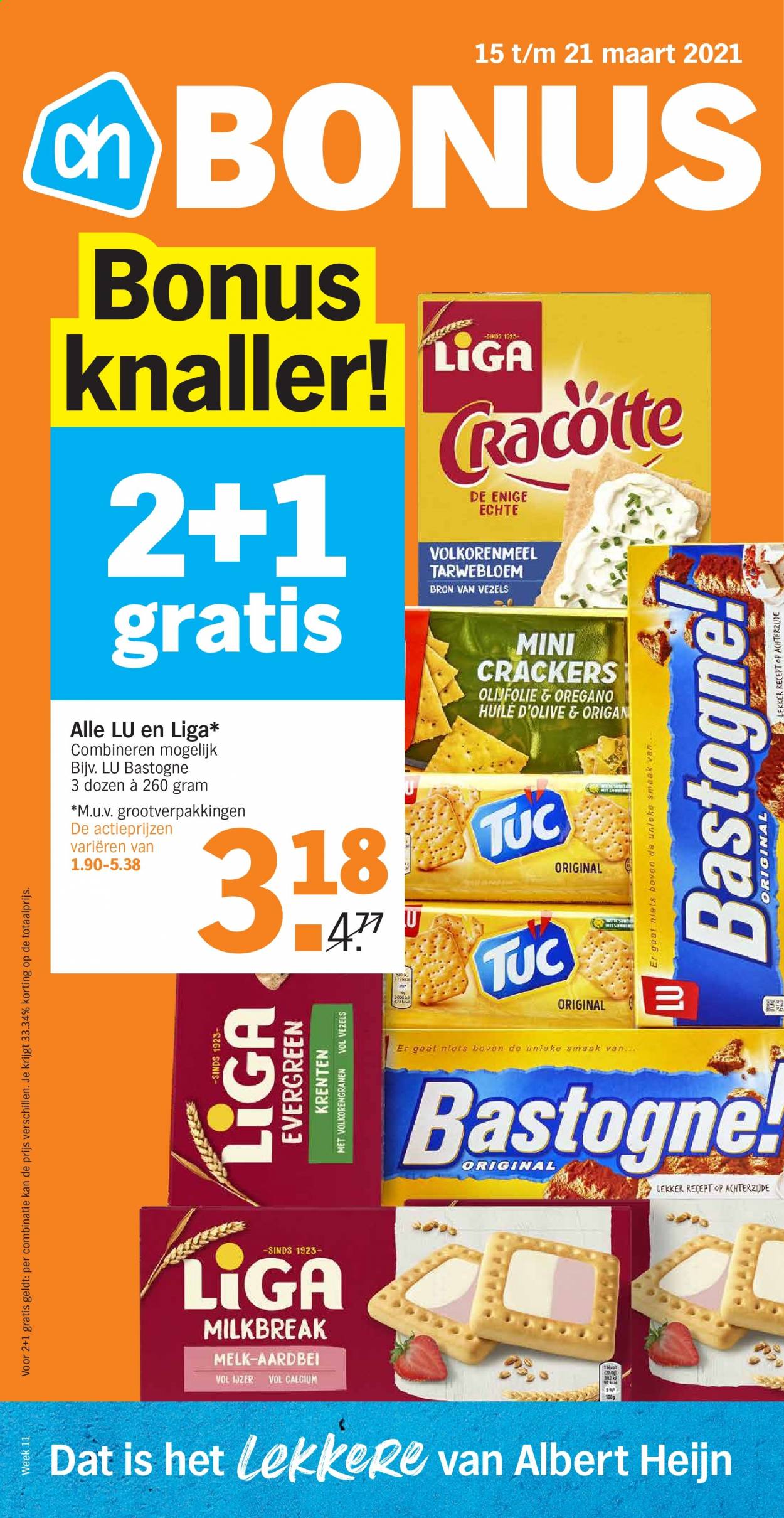 thumbnail - Albert Heijn-aanbieding - 15-3-2021 - 21-3-2021 -  producten in de aanbieding - melk, crackers, oregano, olijfolie. Pagina 1.