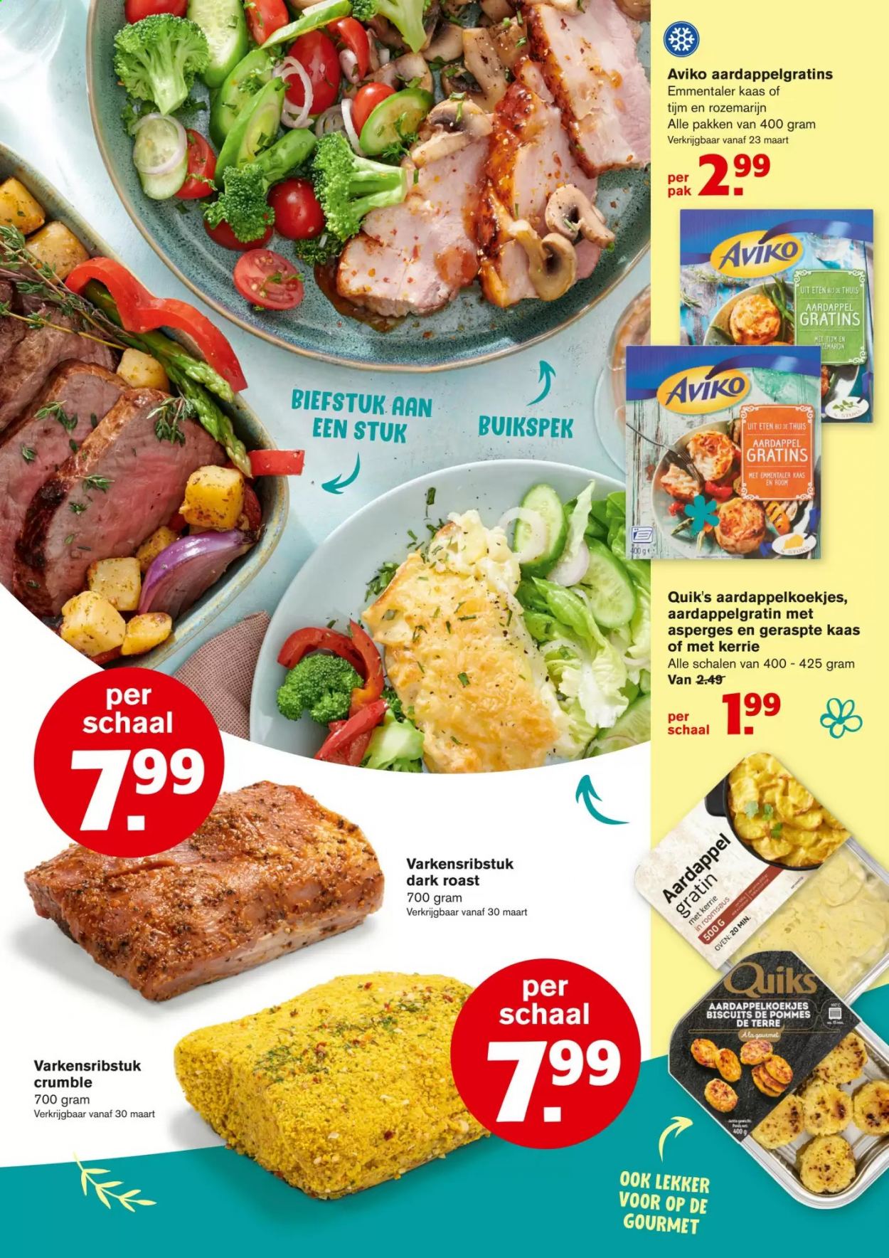 thumbnail - Hoogvliet-aanbieding -  producten in de aanbieding - steak, biefstuk, aardappelgratin, kaas, geraspte kaas, room, aardappelkoekjes, kerrie. Pagina 31.