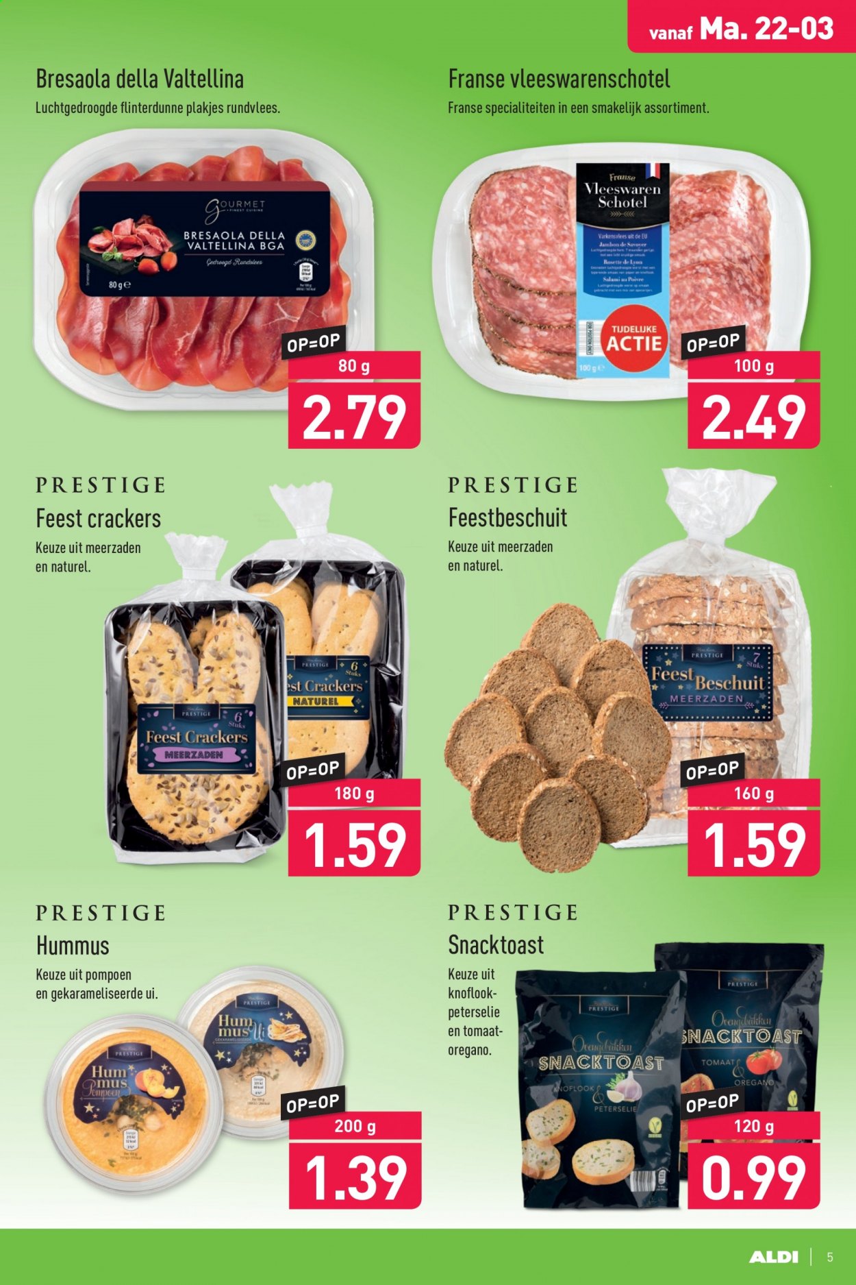 thumbnail - Aldi-aanbieding - 22-3-2021 - 28-3-2021 -  producten in de aanbieding - varkensvlees, rundvlees, Bresaola, salami, hummus, crackers. Pagina 5.