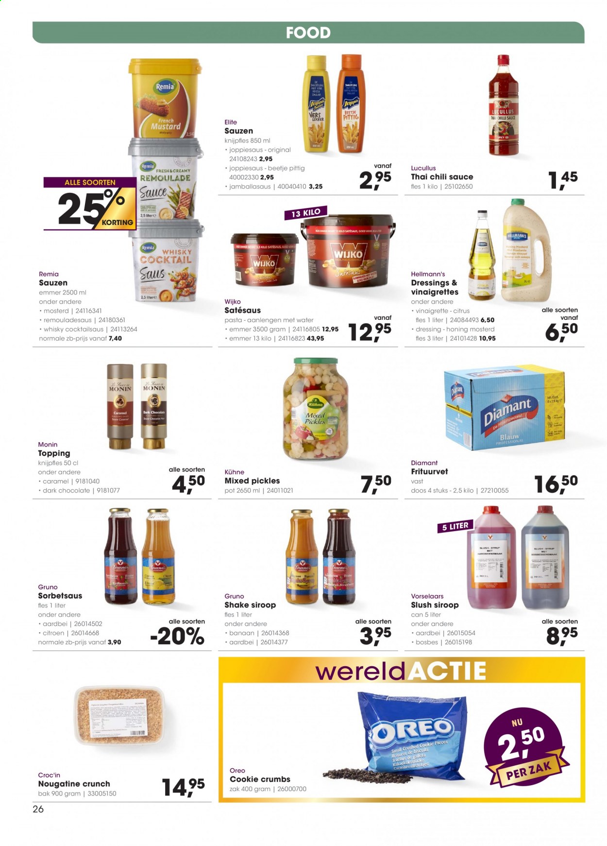 thumbnail - Hanos-aanbieding - 22-3-2021 - 4-4-2021 -  producten in de aanbieding - banaan, citroen, Hellmann's, vinaigrette, Oreo, Mixed Pickles, pickles, Cocktailsaus, mosterd. Pagina 26.