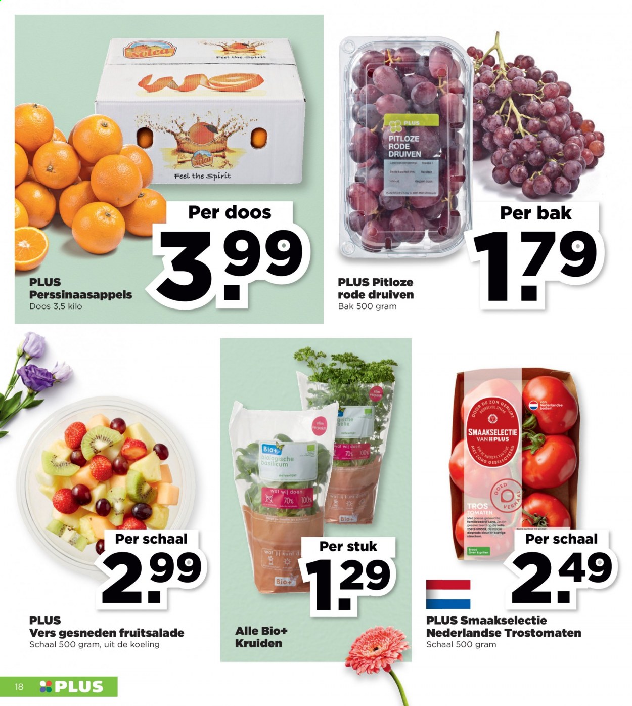 thumbnail - Plus-aanbieding - 28-3-2021 - 3-4-2021 -  producten in de aanbieding - brood, druiven, fruitsalade, basilicum, perssinaasappels. Pagina 18.