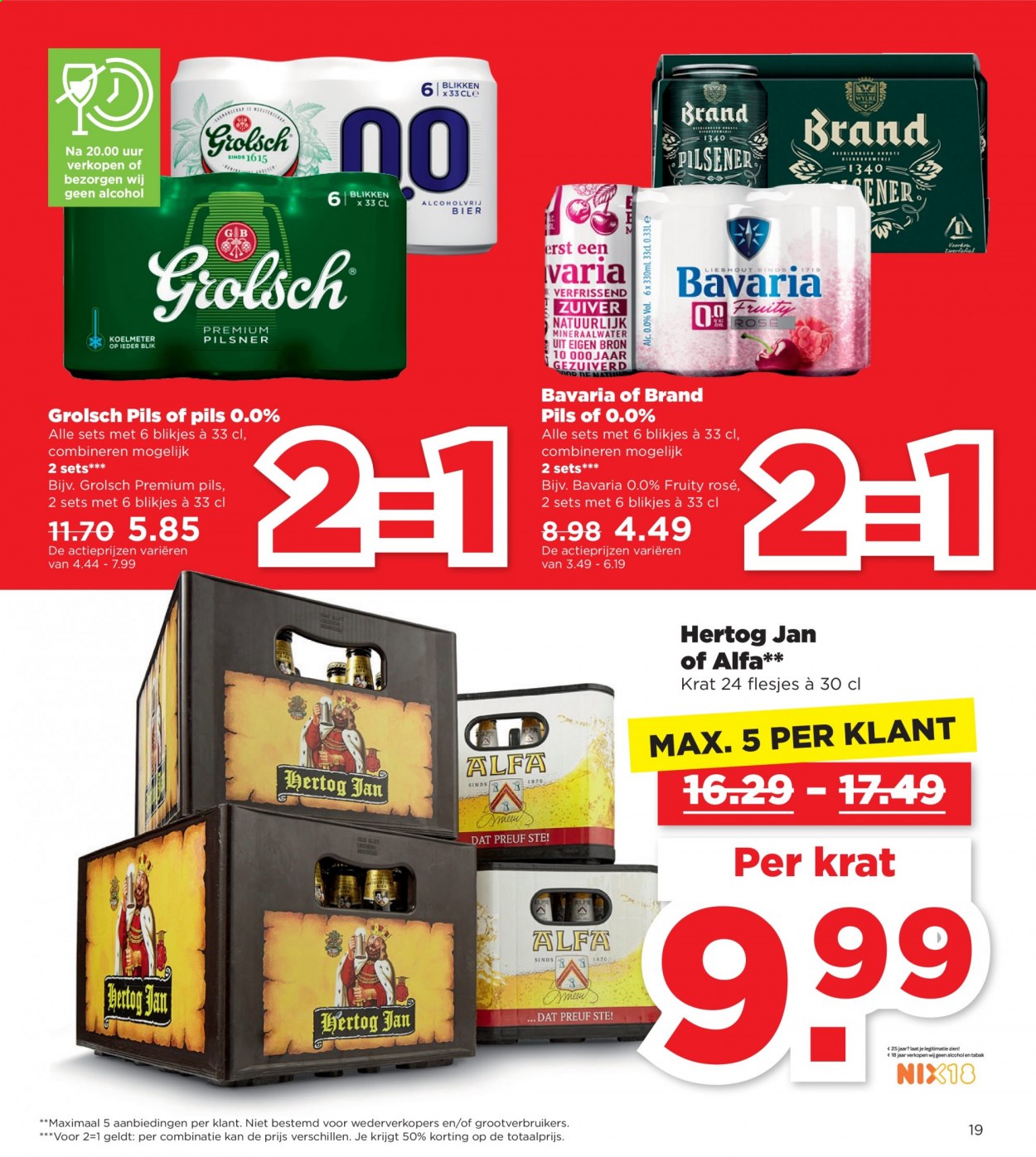 thumbnail - Plus-aanbieding - 4-4-2021 - 10-4-2021 -  producten in de aanbieding - pilsener, Alfa, Hertog Jan, Grolsch, Bavaria, bier, mineraalwater. Pagina 19.