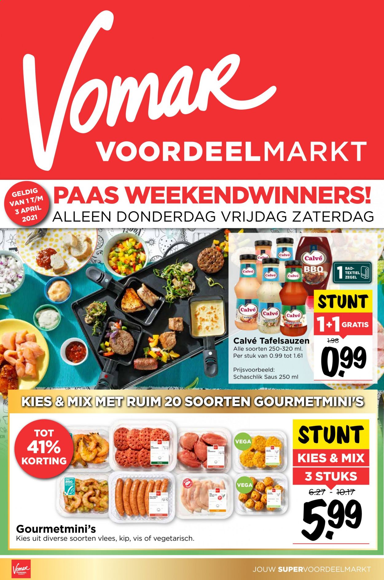 thumbnail - Vomar-aanbieding - 1-4-2021 - 3-4-2021 -  producten in de aanbieding - vegetarisch eten, Calvé, BBQ. Pagina 1.