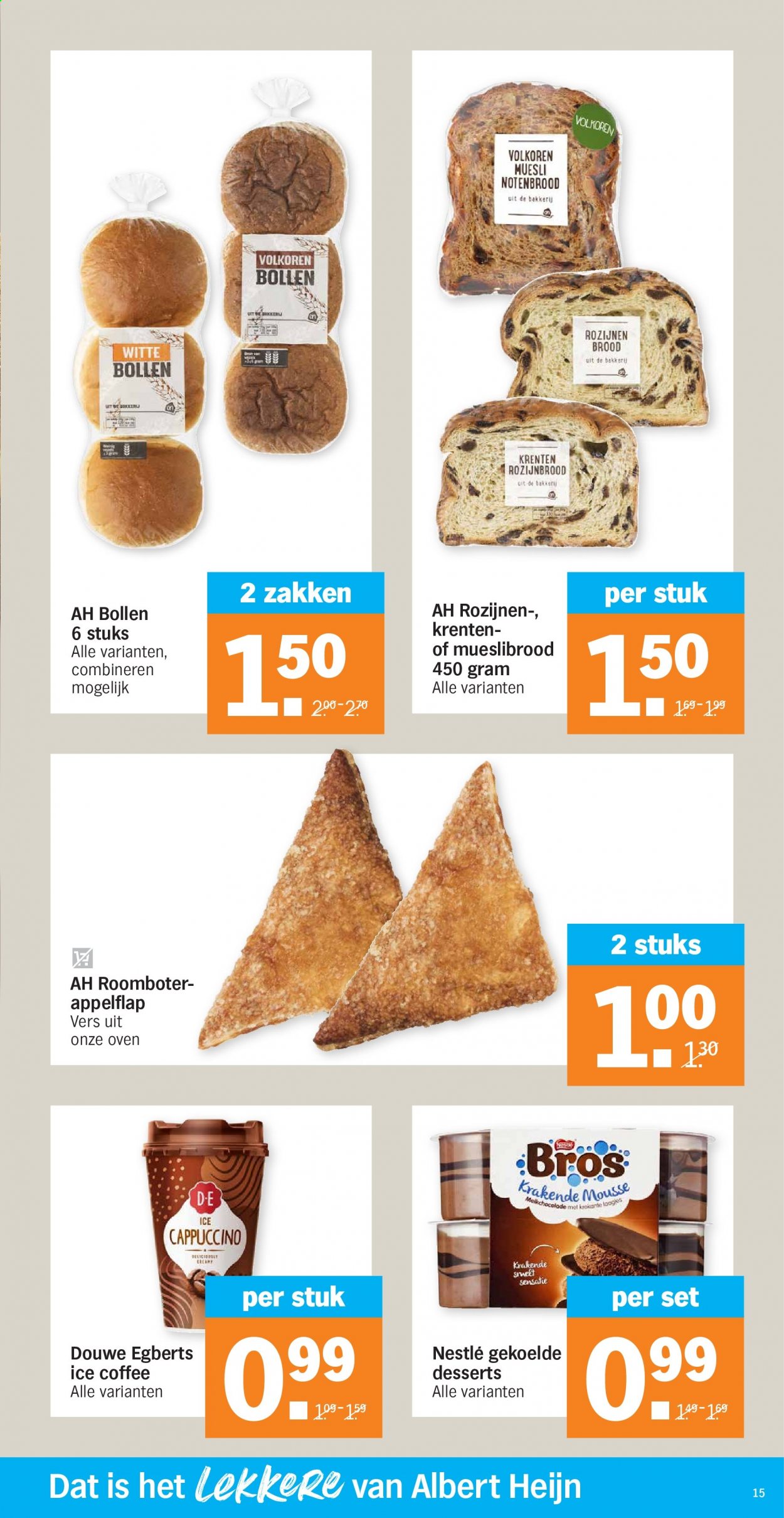 thumbnail - Albert Heijn-aanbieding - 6-4-2021 - 11-4-2021 -  producten in de aanbieding - brood, roomboter, Nestlé, rozijnen, Douwe Egberts. Pagina 15.