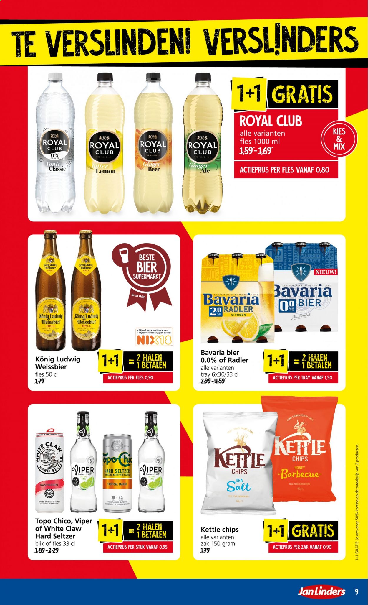 thumbnail - Jan Linders-aanbieding - 6-4-2021 - 11-4-2021 -  producten in de aanbieding - ginger ale, Bavaria, bier, citroen, mango, chips, suiker, BBQ, mineraalwater. Pagina 9.