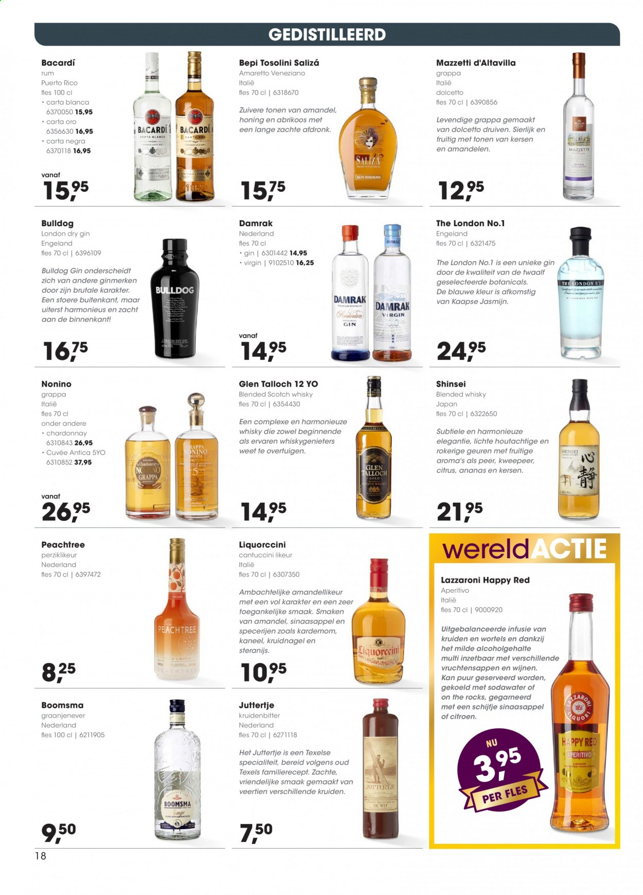 thumbnail - Hanos-aanbieding - 5-4-2021 - 18-4-2021 -  producten in de aanbieding - wortels, citroen, druiven, peer, sinaasappels, kaneel, kruidnagels, amandelen, Chardonnay, Bacardi, blended scotch whisky, rum, London Dry Gin, scotch whisky, whisky, gin, Grappa, Amaretto, Jenever. Pagina 18.