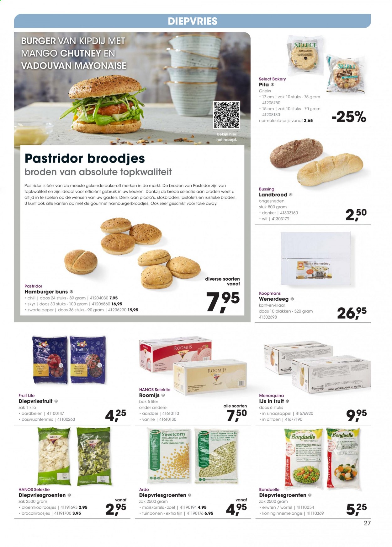 thumbnail - Hanos-aanbieding - 5-4-2021 - 18-4-2021 -  producten in de aanbieding - hamburgerbroodjes, pita, broodje, maïs, mango, Skyr, mayonaise, roomijs, Bonduelle, maïskorrels. Pagina 27.