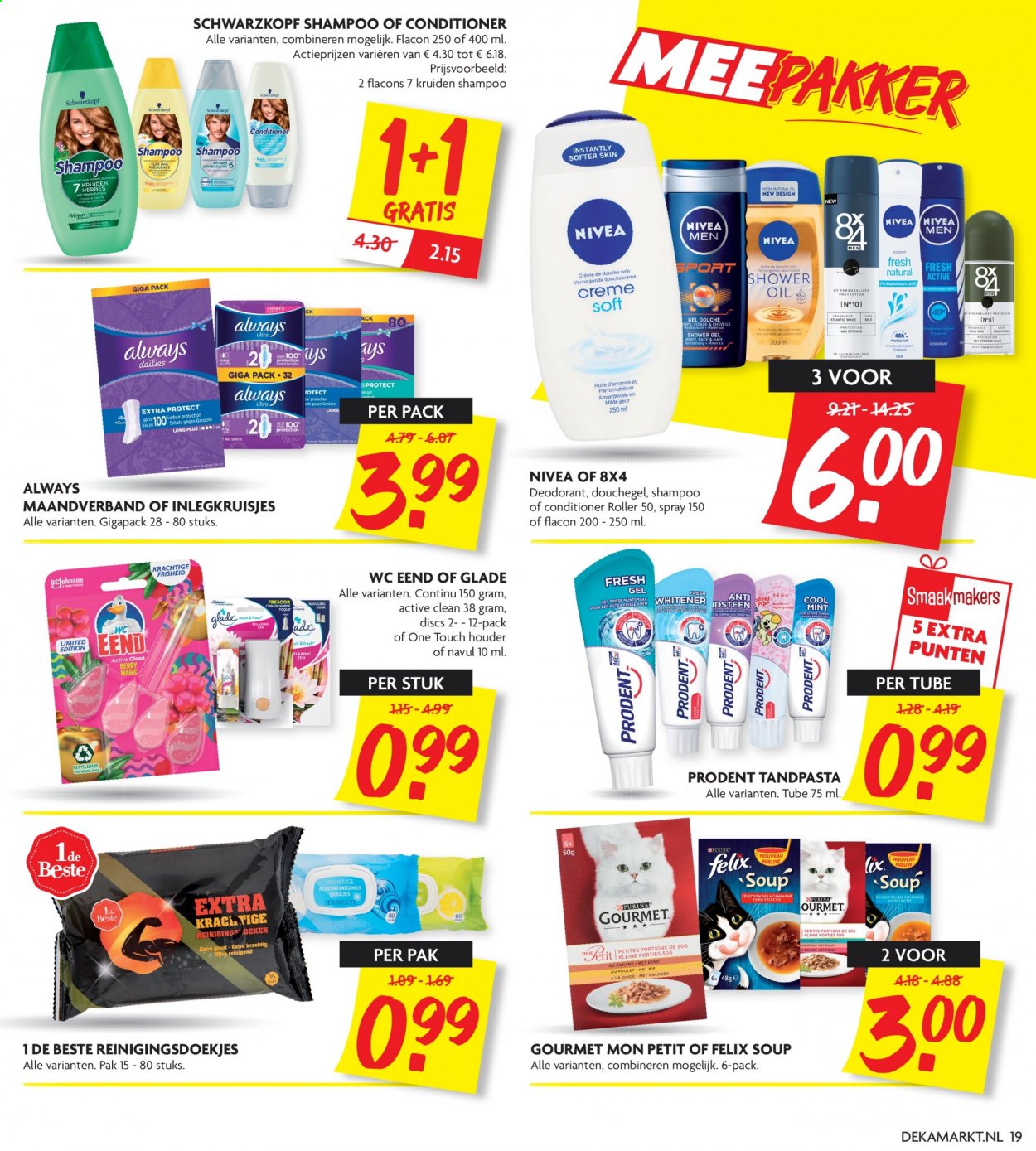 thumbnail - DekaMarkt-aanbieding - 11-4-2021 - 17-4-2021 -  producten in de aanbieding - Nivea, maandverband, reinigingsdoekjes, douchegel, shampoo, Prodent, tandpasta, inlegkruisjes, Always, Schwarzkopf, conditioner. Pagina 19.